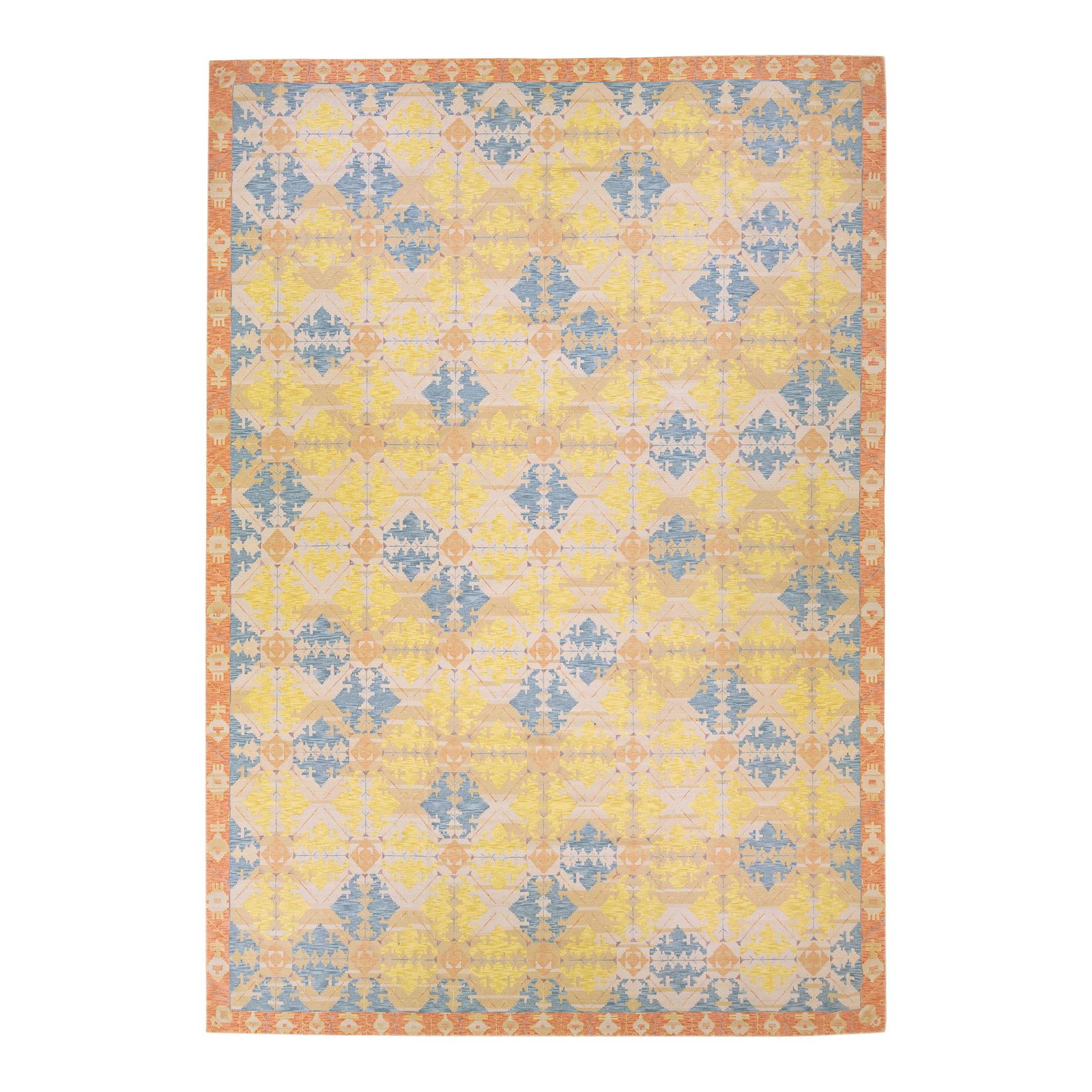 Beige Handmade Wool Rug Transitional Geometric Design 14'9 x 21'2: Beige Handmade Wool Rug Transitional Geometric Design 14'9 x 21'2 Enhance your space with this stunning handmade wool rug featuring a beautiful beige color field. This modern piece showcases a captiva