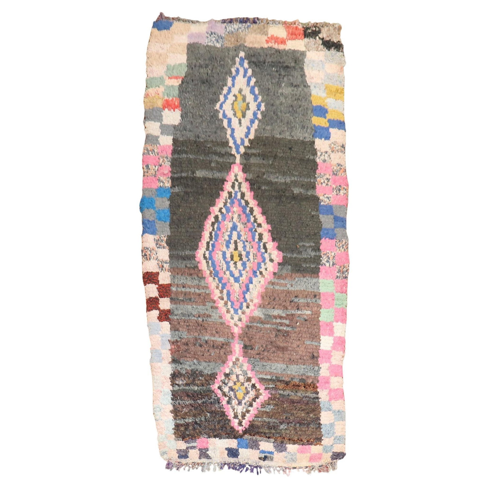 Mid-20th Century Wool Bohemian Moroccan Tribal Rug 46 x 96 Inches: Mid-20th Century Wool Bohemian Moroccan Tribal Rug 46 x 96 Inches This mid-20th century Moroccan tribal rug features a distinctive Bohemian style. Hand-woven from wool, it showcases traditional crafts