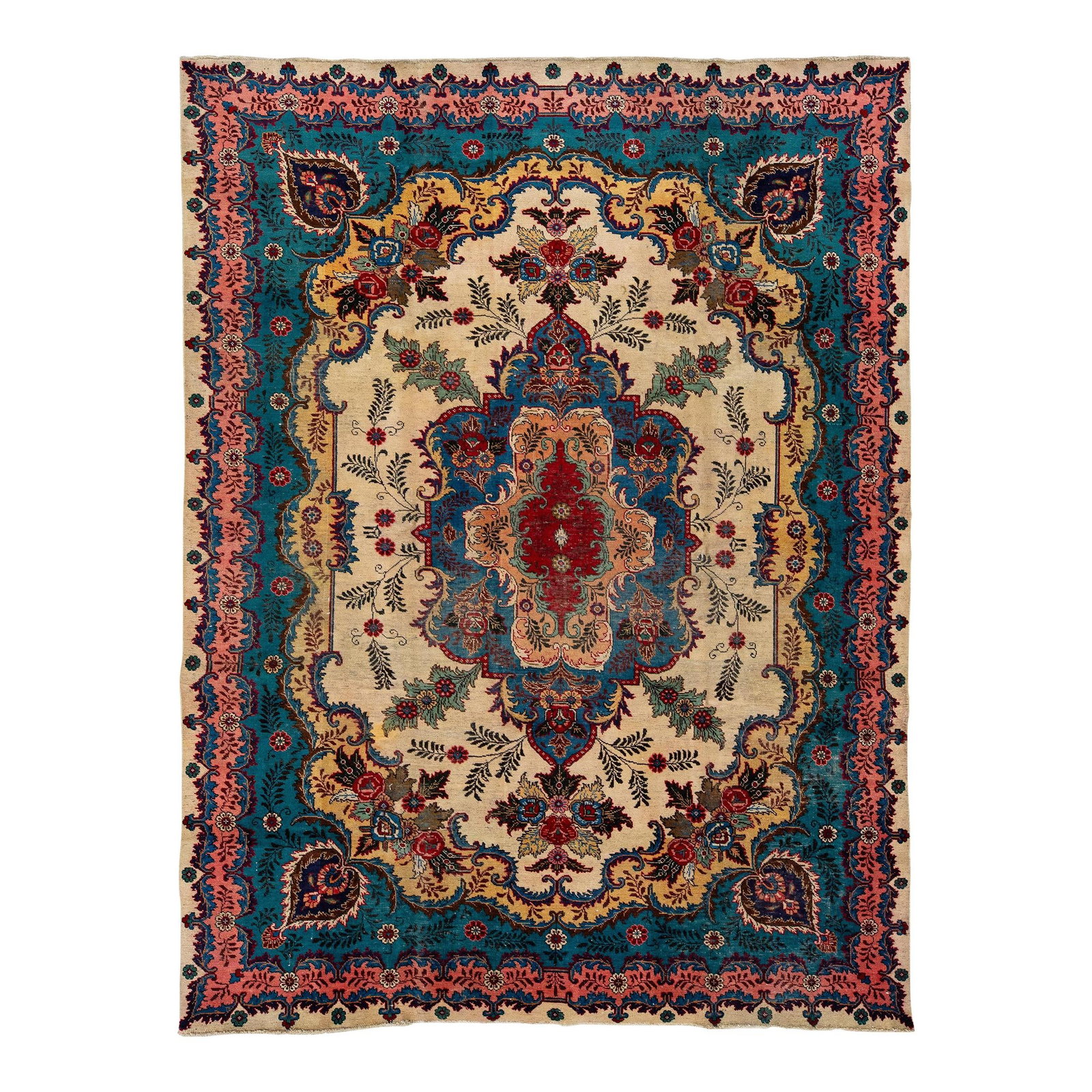 Vintage Persian Tabriz Hand-Knotted Blue Wool Medallion Rug 8' x 10'7'': Vintage Persian Tabriz Hand-Knotted Blue Wool Medallion Rug 8' x 10'7'' This vintage Persian Tabriz rug features a stunning medallion design set against a blue and beige field, accented with multicolo