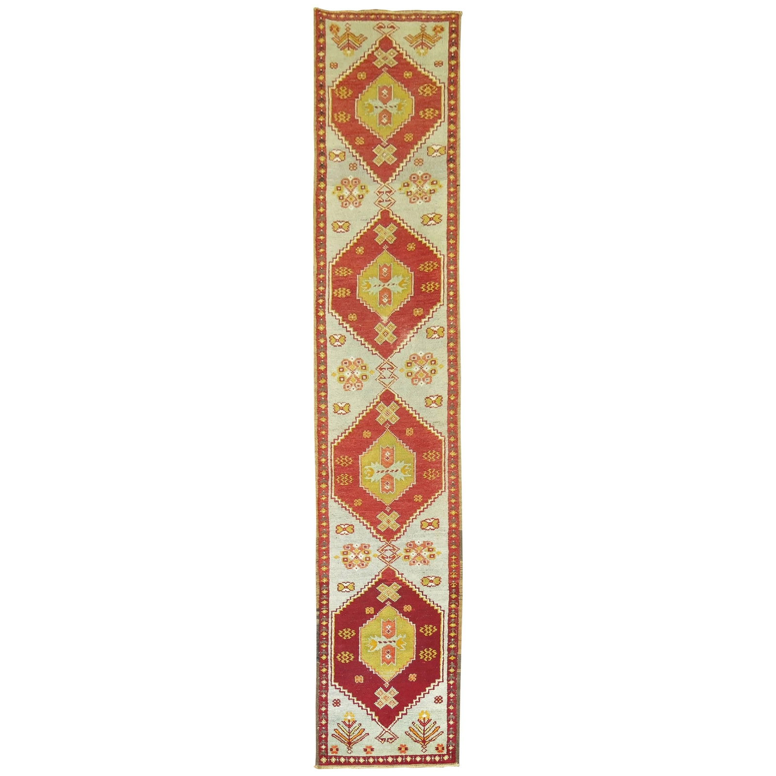 Early 20th Century Turkish Sivas Wool Hand Knotted Runner 25 x 117 in: Early 20th Century Turkish Sivas Wool Hand Knotted Runner 25 x 117 in This antique Turkish Sivas runner features a narrow design with an icy blue field complemented by deep red accents. Expertly hand-