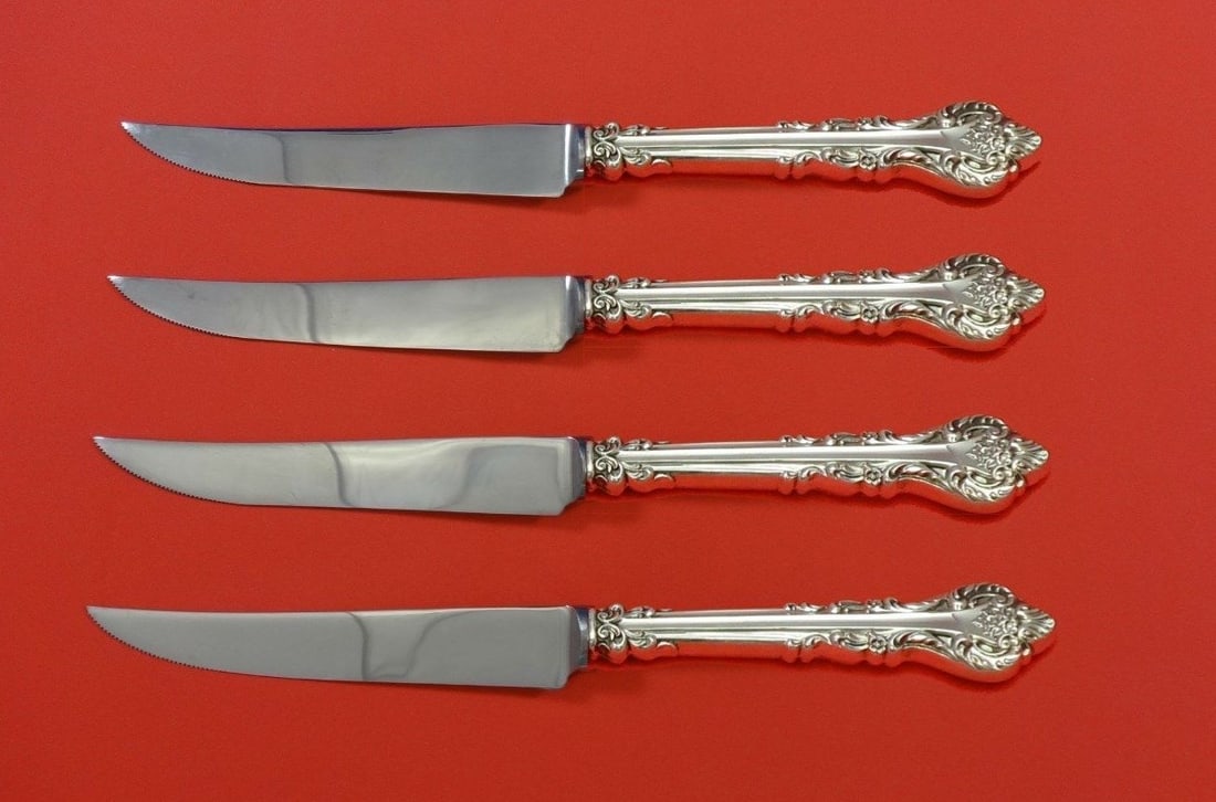 International Sterling Silver Masterpiece Steak Knife Set 4pc Custom: International Sterling Silver Masterpiece Steak Knife Set 4pc Custom This exquisite 4-piece steak knife set, crafted in the elegant Silver Masterpiece pattern by International Sterling, showcases a pe