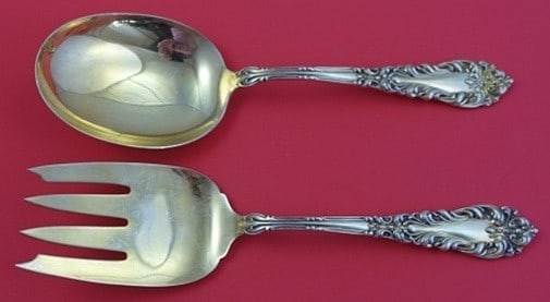 Amston Athene Crescendo Vermeil Sterling Salad Servers 9 1/8: Amston Athene Crescendo Vermeil Sterling Salad Servers 9 1/8 Sterling silver salad serving set in the Athene/Crescendo pattern by Amston. The set is described as vermeil (gold) and measures 9 1/8 inch