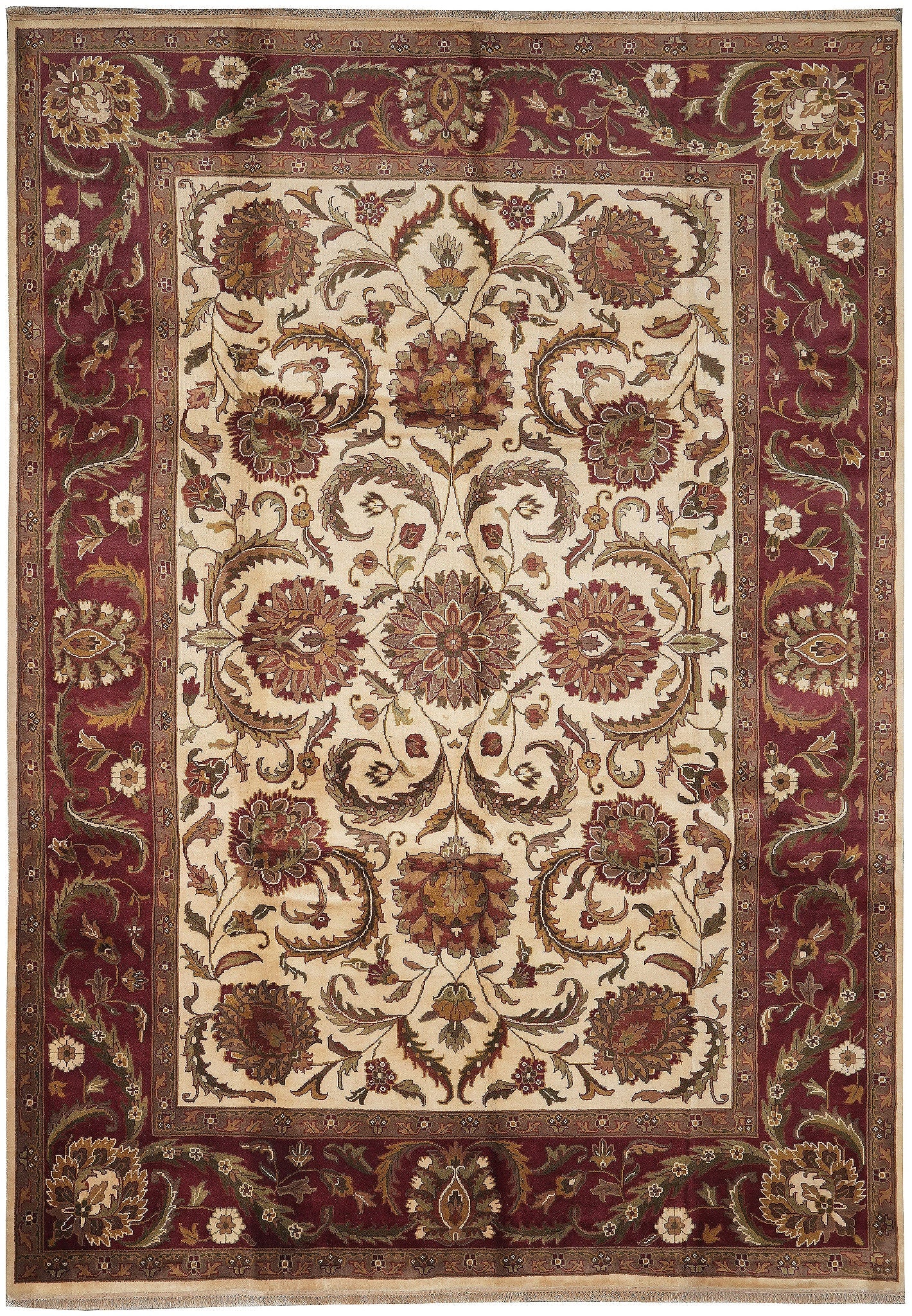 Handmade Jaipur Rug 10 x 14 Ivory Burgundy Wool Traditional Floral Medallion: Handmade Jaipur Rug 10 x 14 Ivory Burgundy Wool Traditional Floral Medallion Free continental US Shipping This handmade Jaipur rug features a classic ivory base accented with rich burgundy tones, show
