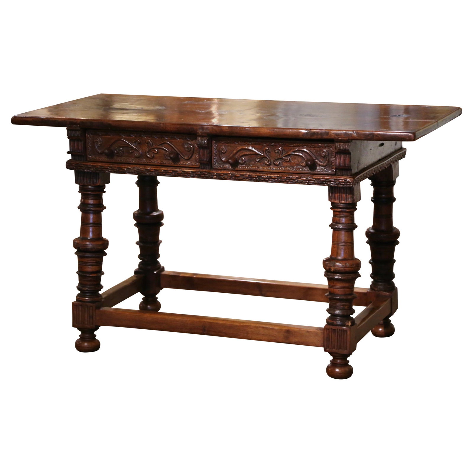 Antique 18th Century Spanish Louis XIII Walnut Writing Desk with Drawers: Antique 18th Century Spanish Louis XIII Walnut Writing Desk with Drawers This stunning 18th Century Spanish Louis XIII writing table is a remarkable example of exquisite craftsmanship from the mid-18t