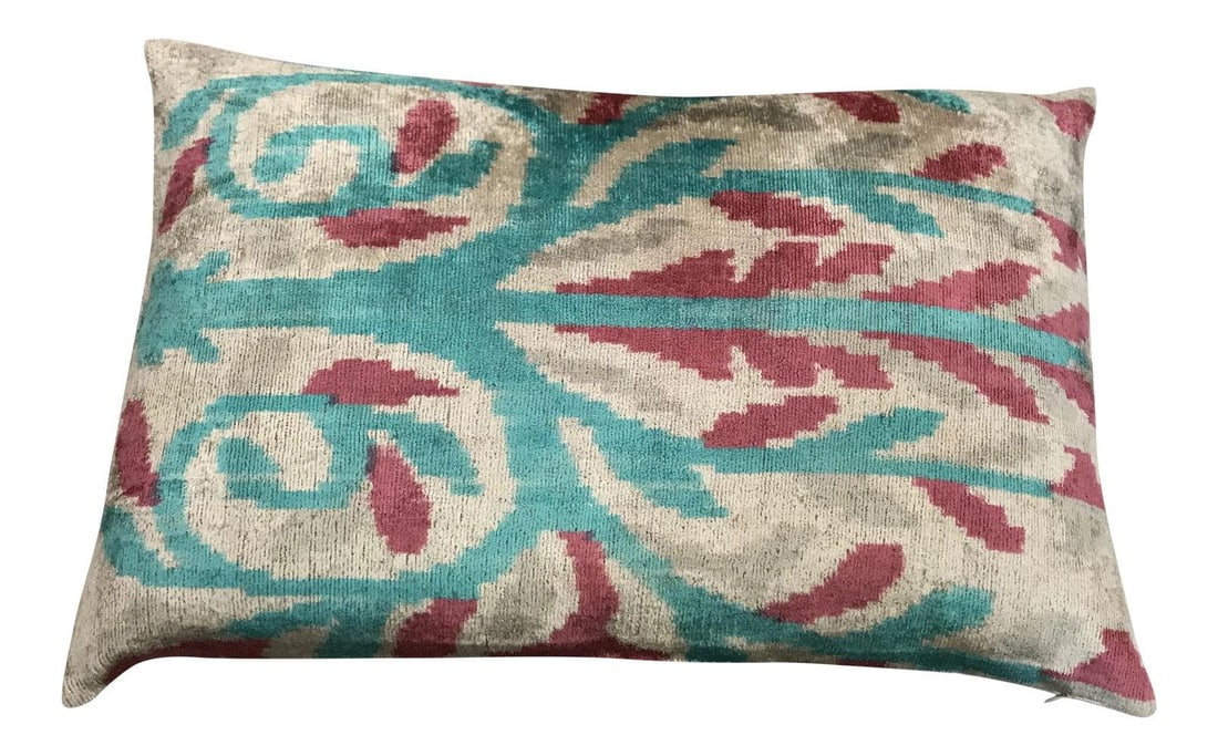 Turquoise Silk Ikat Velvet Decorative Pillow With Linen Backing 16x24: Turquoise Silk Ikat Velvet Decorative Pillow With Linen Backing 16x24 This Silk Uzbek Ikat velvet pillow cushion is handcrafted with a natural linen backing and features a hidden zipper. The cushion c