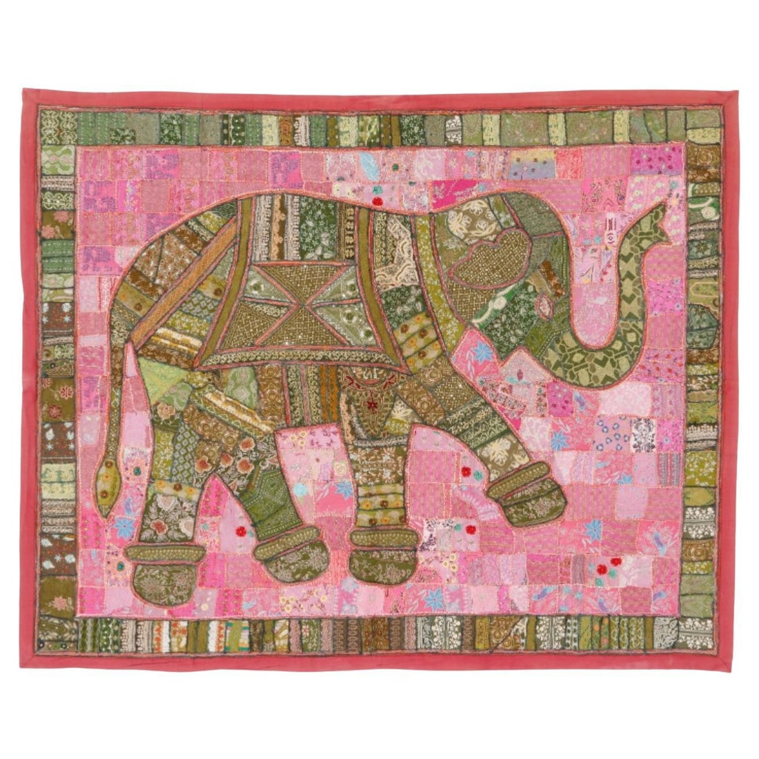 Mid-20th Century Indian Elephant Tapestry Cotton Beaded Decor: Mid-20th Century Indian Elephant Tapestry Cotton Beaded Decor This exquisite Indian Elephant Embroidery Tapestry showcases the intricate craftsmanship of mid-20th century artisans. Hand-embroidered fr