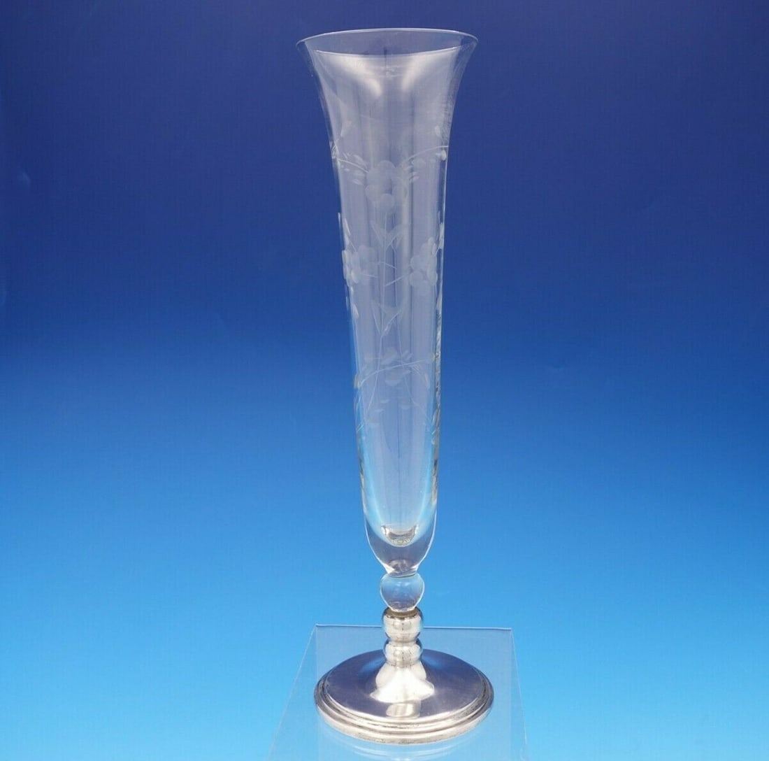 Elegant Sterling Silver Etched Glass Vase 10 3/4 Inches Tall (1 of 4)