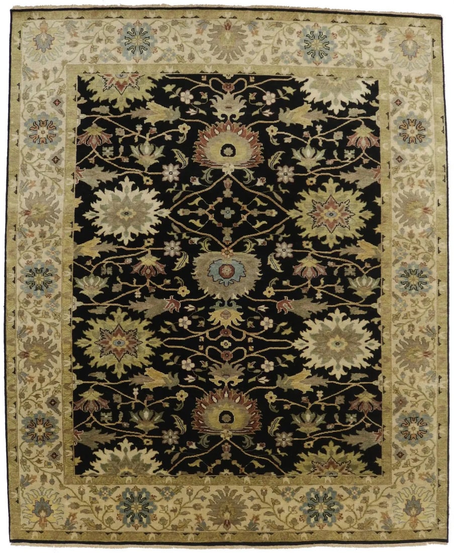Hand-Knotted Wool Peshawar Area Rug 8'0 x 9'10 Floral Antique Washed Black: Hand-Knotted Wool Peshawar Area Rug 8'0 x 9'10 Floral Antique Washed Black This hand-knotted Peshawar rug features an antique washed floral design in black, beige, buff, rusty red, light blue, olive, 