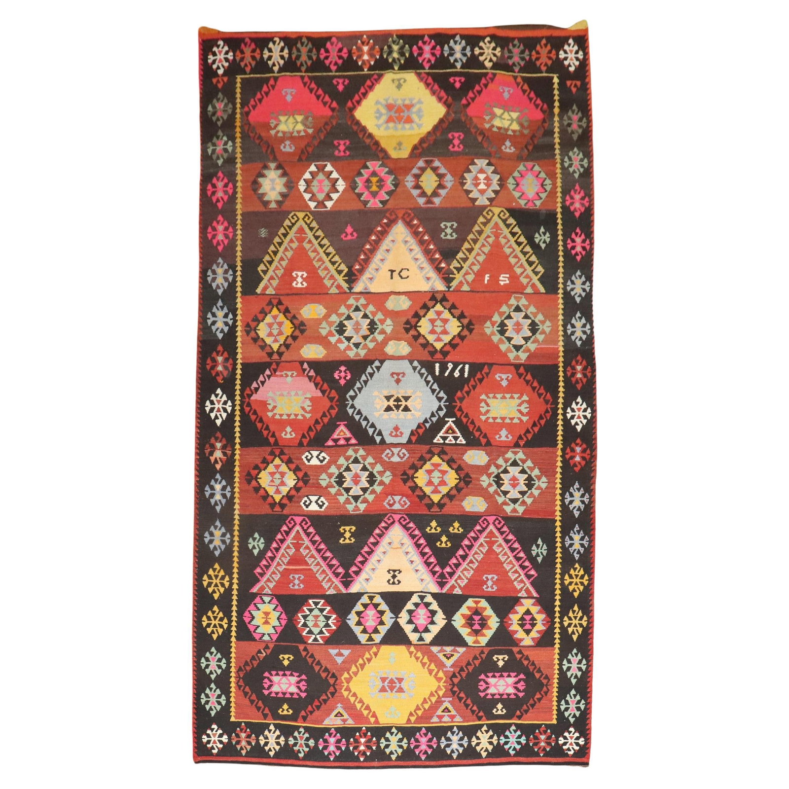Zabihi Collection Vintage Turkish Kilim 74 x 134 Hand-Knotted Wool Futurist Style: Zabihi Collection Vintage Turkish Kilim 74 x 134 Hand-Knotted Wool Futurist Style This exquisite geometric Turkish Kilim is a stunning example of 20th-century craftsmanship, measuring 74 in width and 