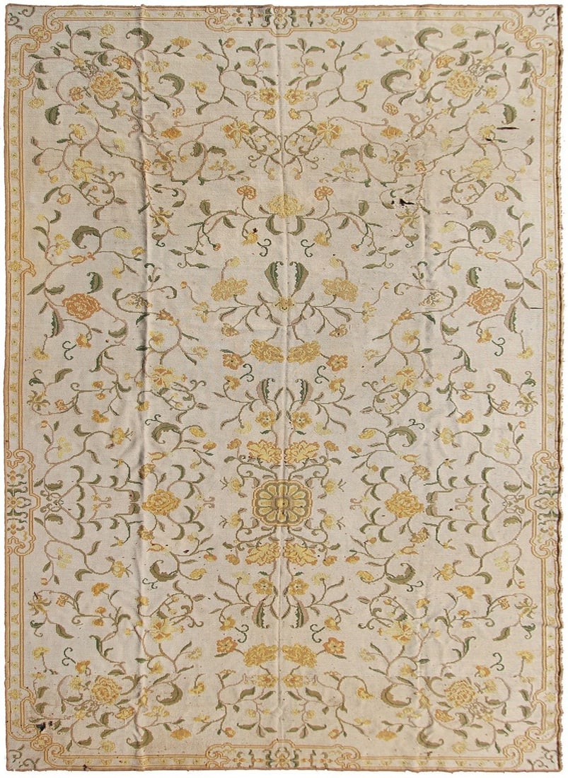 French wool flatwoven geometric area rug 9x16: French wool flatwoven geometric area rug 9x16 This vintage flatwoven European needlepoint rug from France features a striking geometric pattern with a French country style. Crafted from 100% wool usin