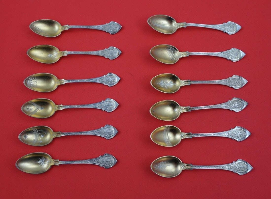 Wood & Hughes Angelo Sterling Silver Demitasse Spoon Set of 12 with Gold Wash 4 3/8" (1 of 2)