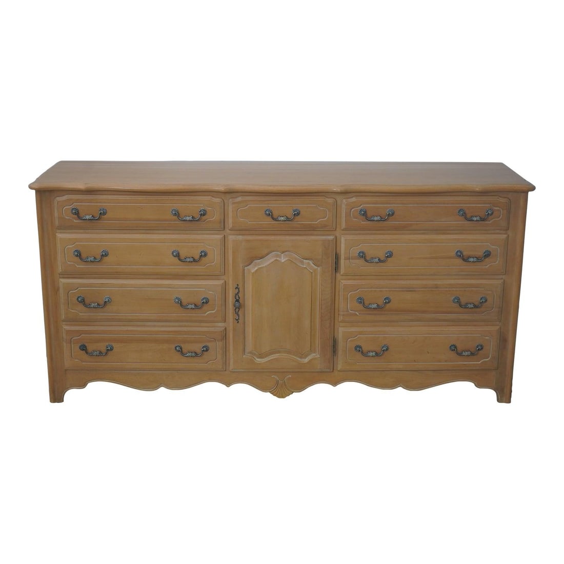 Wood Dresser by Ethan Allen French Country 71w x 19d x 34h: Wood Dresser by Ethan Allen French Country 71w x 19d x 34h French Country dresser with dovetailed drawer construction, raised panel doors, and solid brass hardware. It is made of wood and is described
