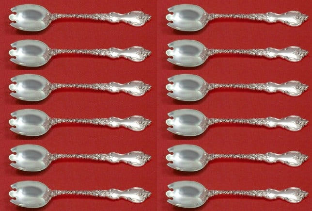 International Sterling Silver Du Barry Ice Cream Fork Set 12pc: International Sterling Silver Du Barry Ice Cream Fork Set 12pc Indulge in a touch of elegance with this exquisite 12-piece custom set of ice cream dessert forks from the renowned Du Barry pattern by I