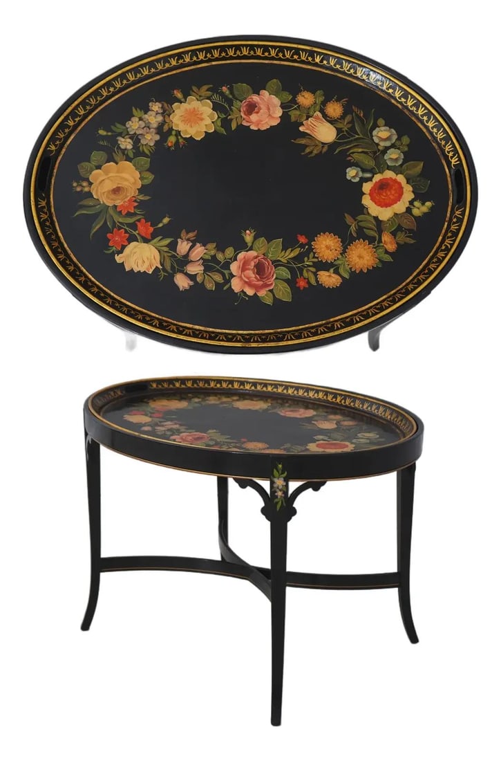 Regency Style Black Lacquer Painted Toleware Tray Top Accent Table: Regency Style Black Lacquer Painted Toleware Tray Top Accent Table This vintage end table features a Regency style black lacquer toleware tray top with traditional hand-painted decoration. The table i