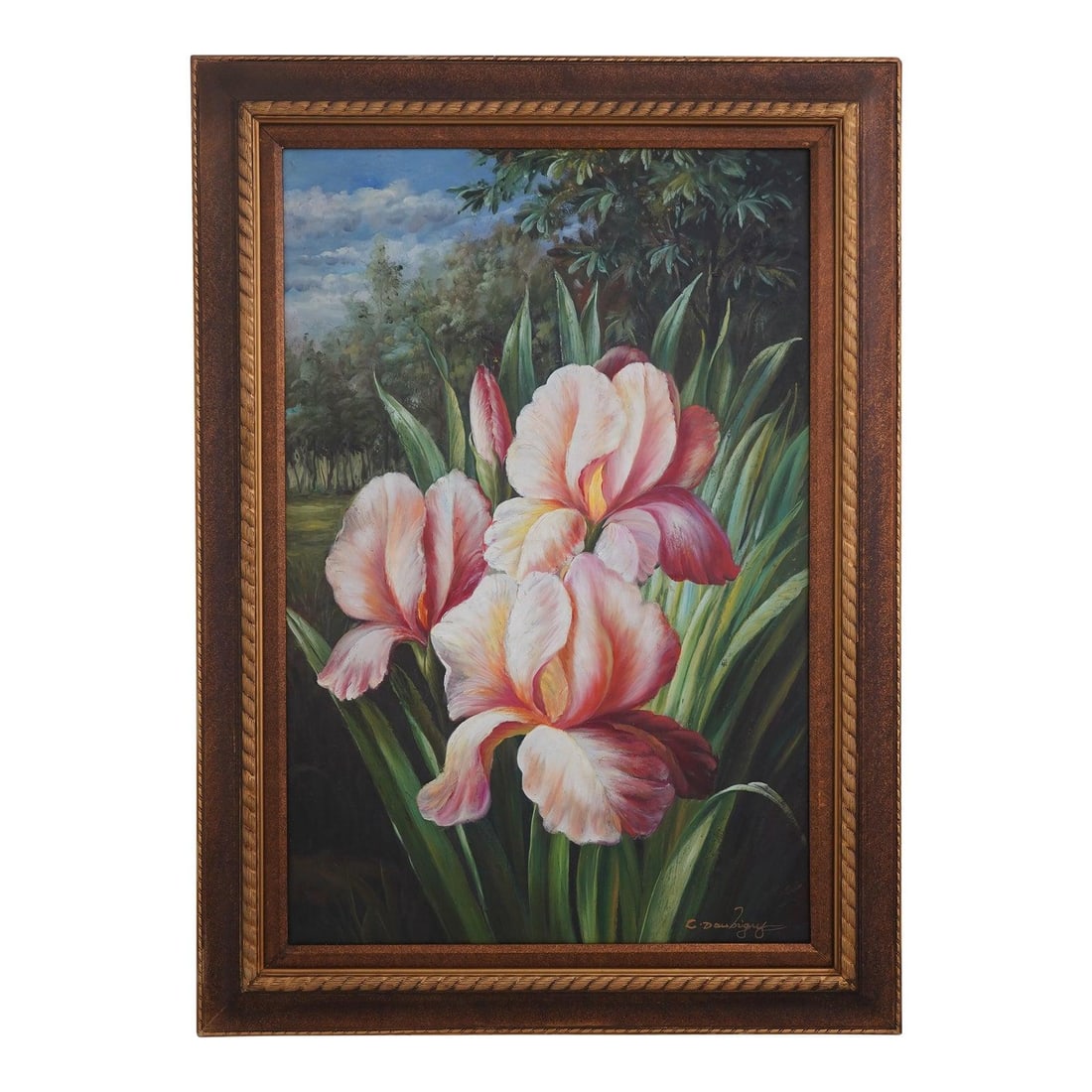 Signed Floral Oil Painting on Canvas by C Daubrigny in Frame 31.5w x 43.5h: Signed Floral Oil Painting on Canvas by C Daubrigny in Frame 31.5w x 43.5h This vintage oil on canvas painting features a vibrant floral composition, signed by C. Daubrigny. The artwork displays deft 