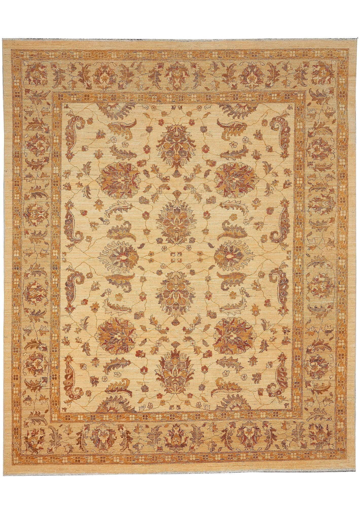 8 x 9.6 Chobi Peshawar Rug Beige Gold Hand-Knotted Wool: 8 x 9.6 Chobi Peshawar Rug Beige Gold Hand-Knotted Wool Free continental US Shipping This hand-knotted Chobi Peshawar rug features a beige and gold palette with an intricate floral pattern and decorat