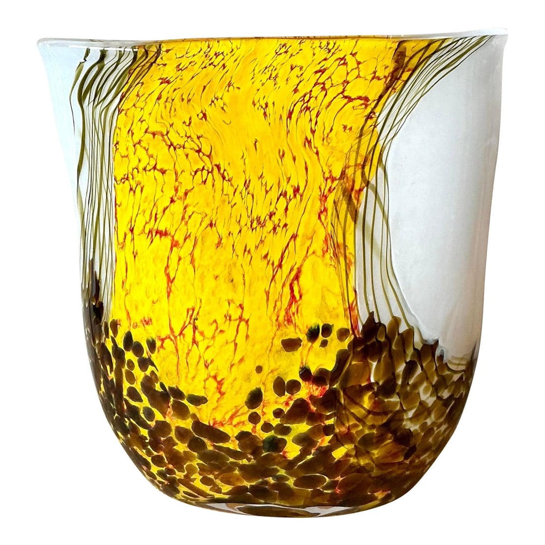 Mid-Century Murano Style Art Glass Vase With Swirled Yellow and Orange Crackle: Mid-Century Murano Style Art Glass Vase With Swirled Yellow and Orange Crackle This vintage mid-century vase showcases exceptional Murano-inspired blown glass artistry. It features a flared bowl desig