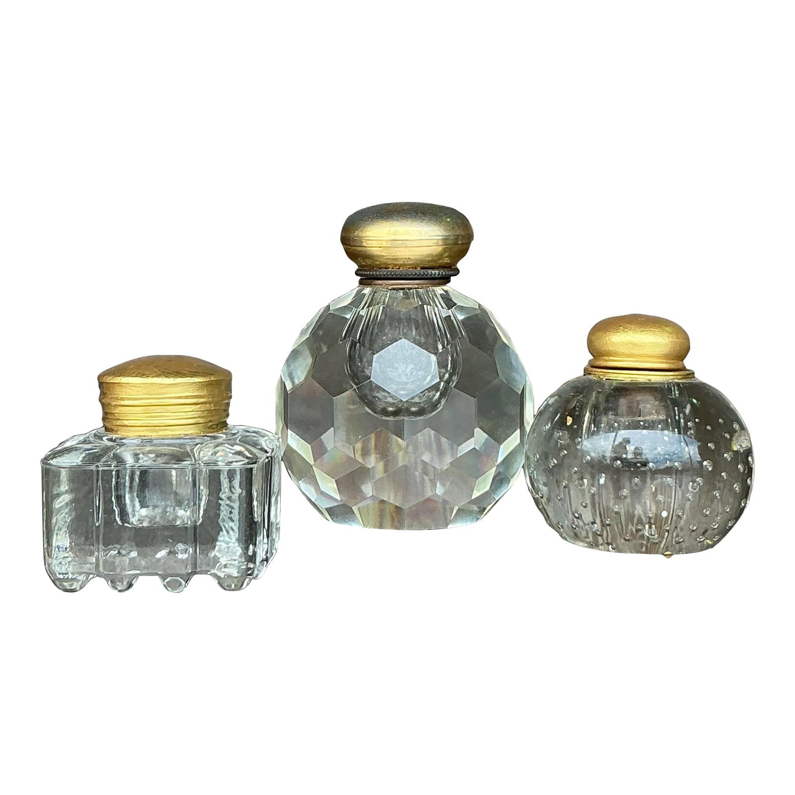 Set of 3 Vintage Boho Cut Glass Inkwells Decorative Desk Accessories: Set of 3 Vintage Boho Cut Glass Inkwells Decorative Desk Accessories Add a touch of vintage sophistication to your workspace with this set of three Vintage Boho Cut Glass Inkwells. Each inkwell featur