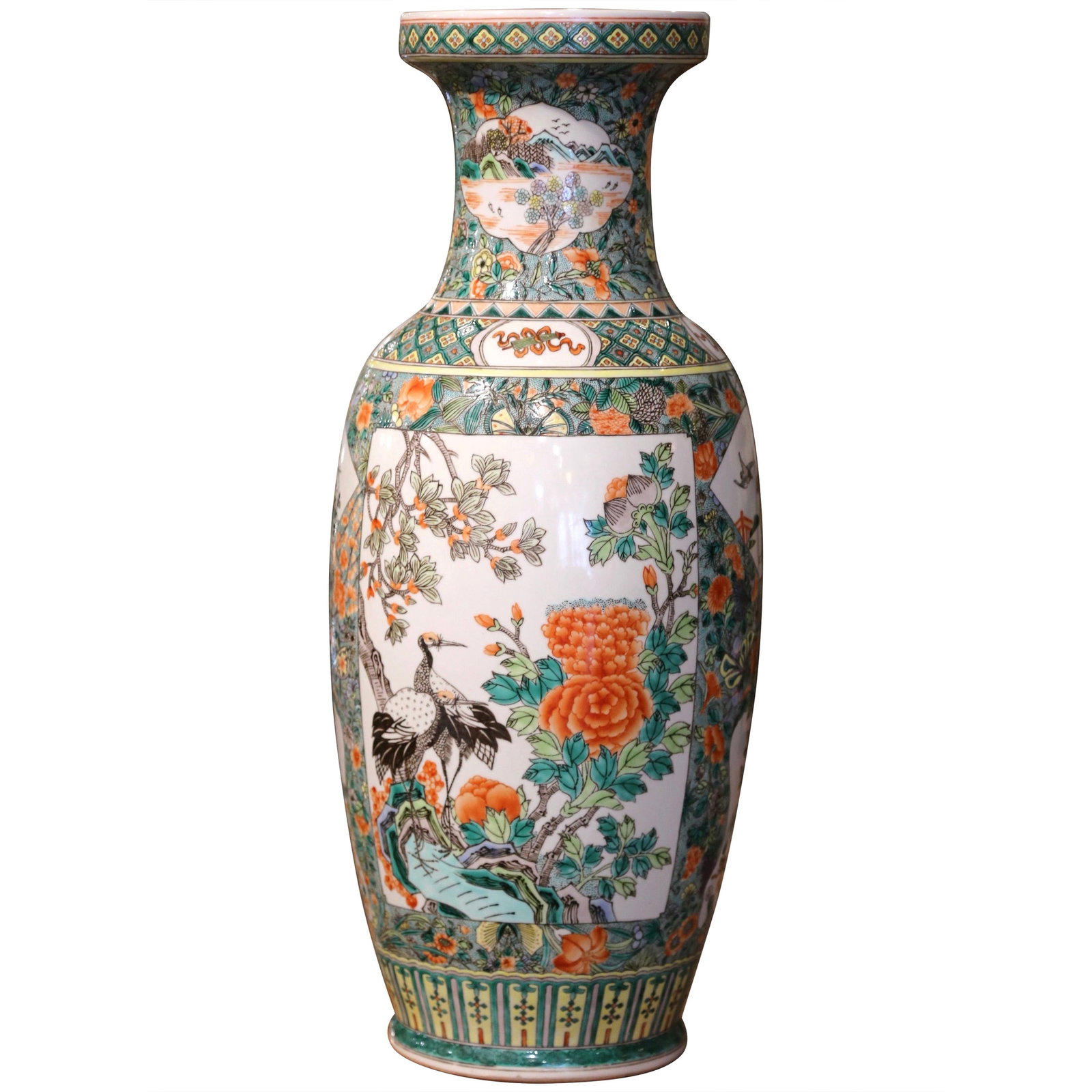 Chinese Famille Verte Porcelain Vase Hand Painted Circa 1960 24 Inch Tall: Chinese Famille Verte Porcelain Vase Hand Painted Circa 1960 24 Inch Tall This mid-century Chinese Famille Verte vase is crafted from porcelain and features intricate hand-painted avian and botanical 