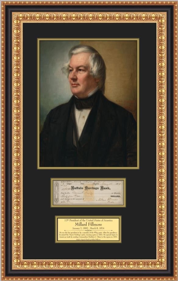 Facsimile Millard Fillmore Signed Check in Ornate Framed Display: Facsimile Millard Fillmore Signed Check in Ornate Framed Display This custom-framed display features a facsimile reproduction of a check signed by President Millard Fillmore, the 13th President of the