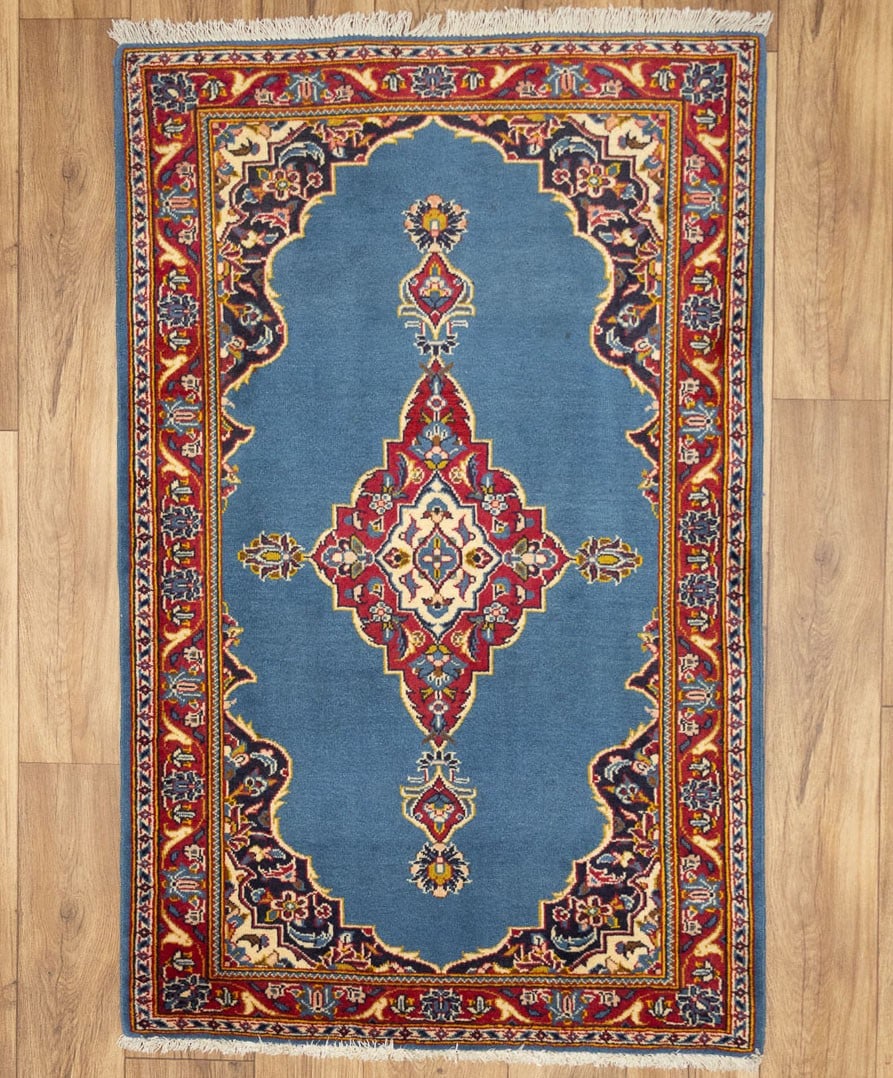 Hand-Knotted Wool Entryway Rug Blue Floral Vintage 2'7 x 4'1: Hand-Knotted Wool Entryway Rug Blue Floral Vintage 2'7 x 4'1 This vintage handmade wool floral oriental rug features a vibrant blue background with accents of red, cream, purple-navy, yellow, brown, a