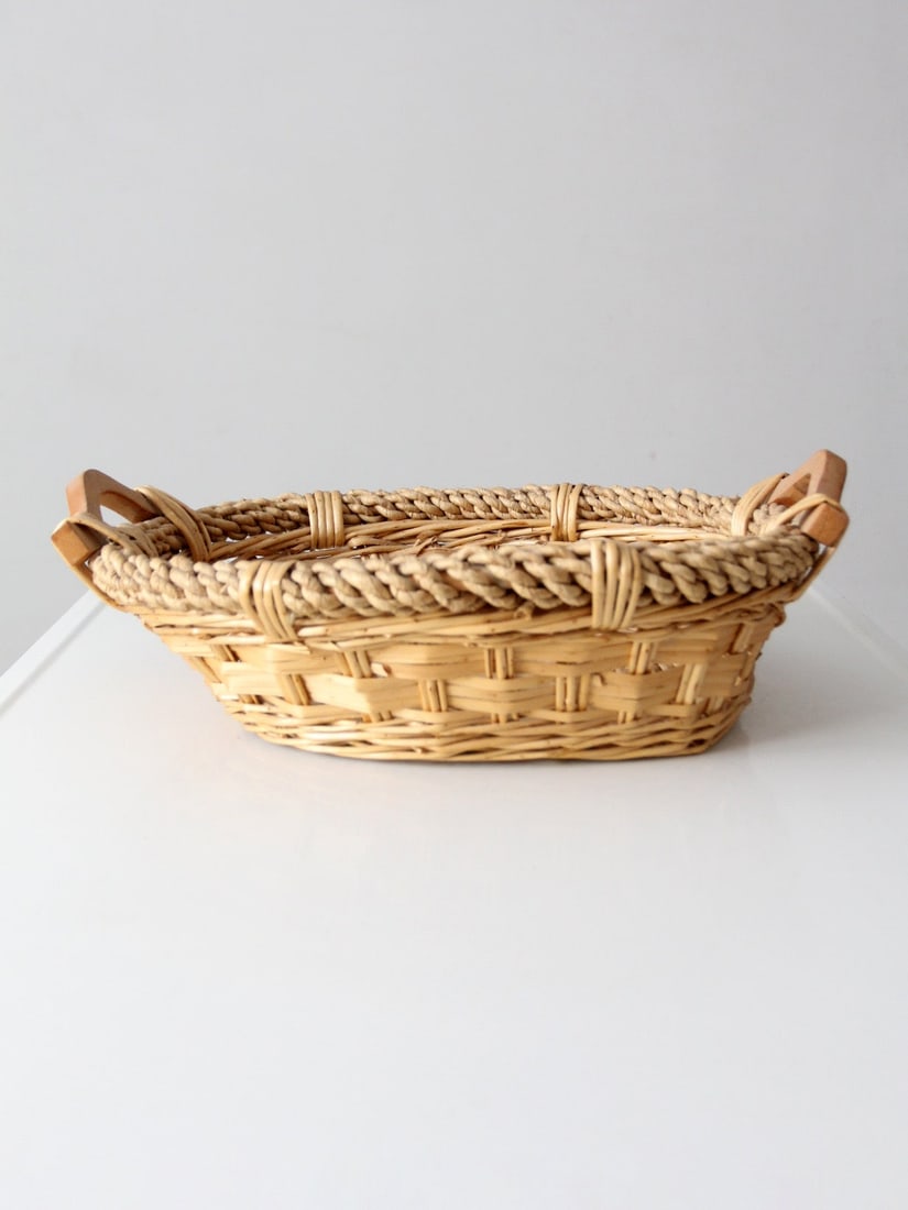 Oval Wicker Catchall Bowl with Carved Wood Handles (1 of 9)