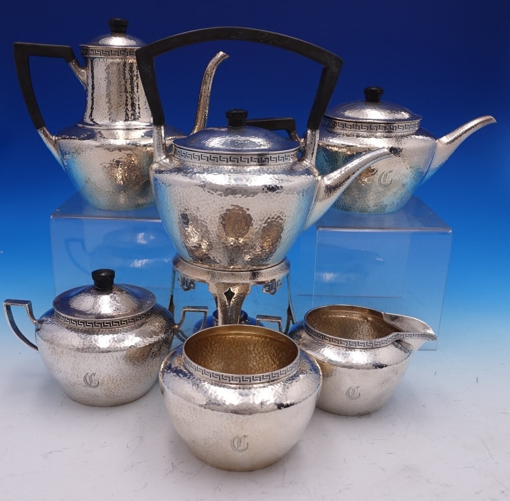 Towle Etruscan Sterling Silver 6pc Tea Set Hammered Design: Towle Etruscan Sterling Silver 6pc Tea Set Hammered Design This exquisite Etruscan-style tea set by Towle is crafted from sterling silver and dates back to the 1920s. The set showcases a beautiful han