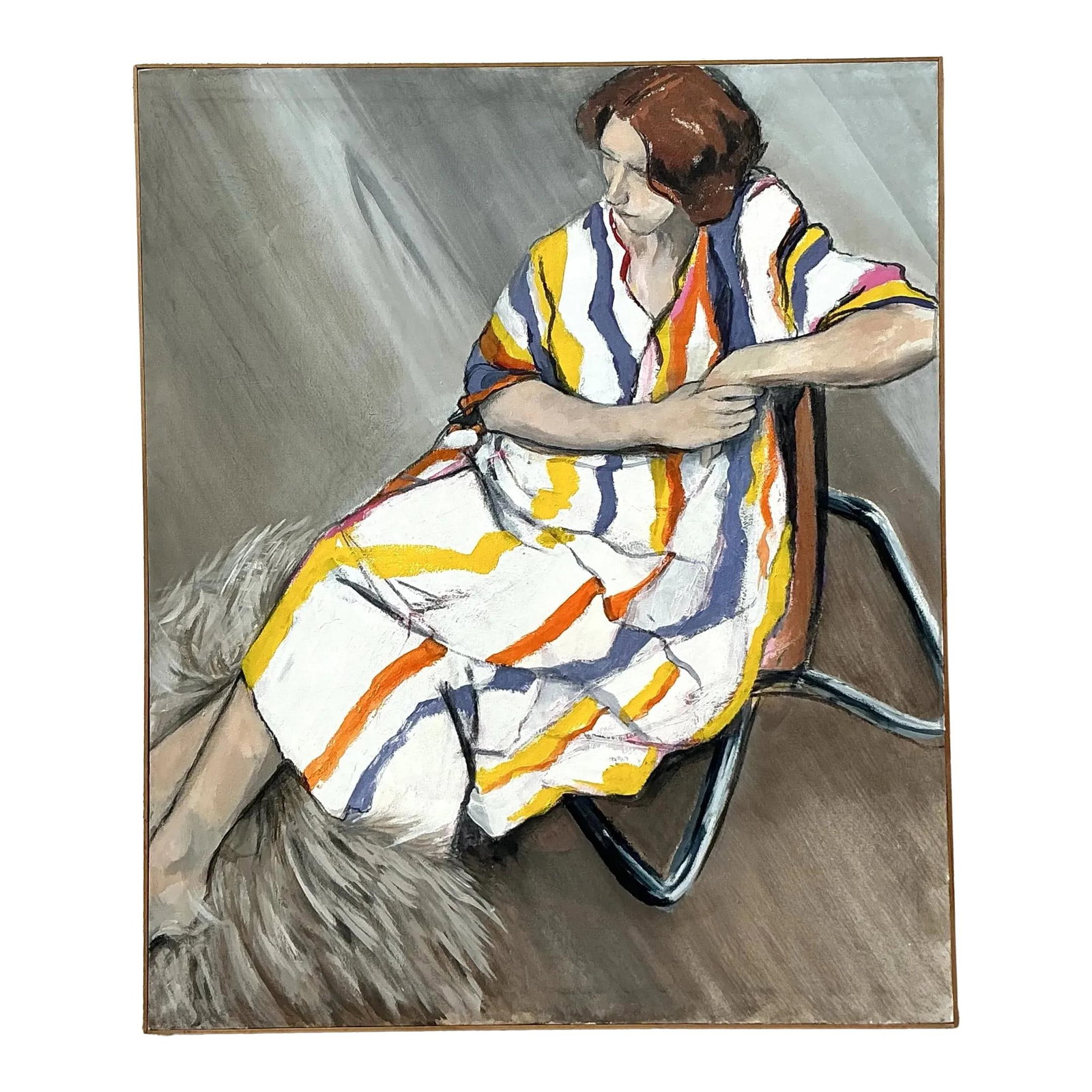 Vintage Boho Oil Portrait on Canvas Large Framed Artwork: Vintage Boho Oil Portrait on Canvas Large Framed Artwork This striking vintage boho oil portrait on canvas features a contemplative seated figure adorned in a vibrant, colorful robe with eye-catching 