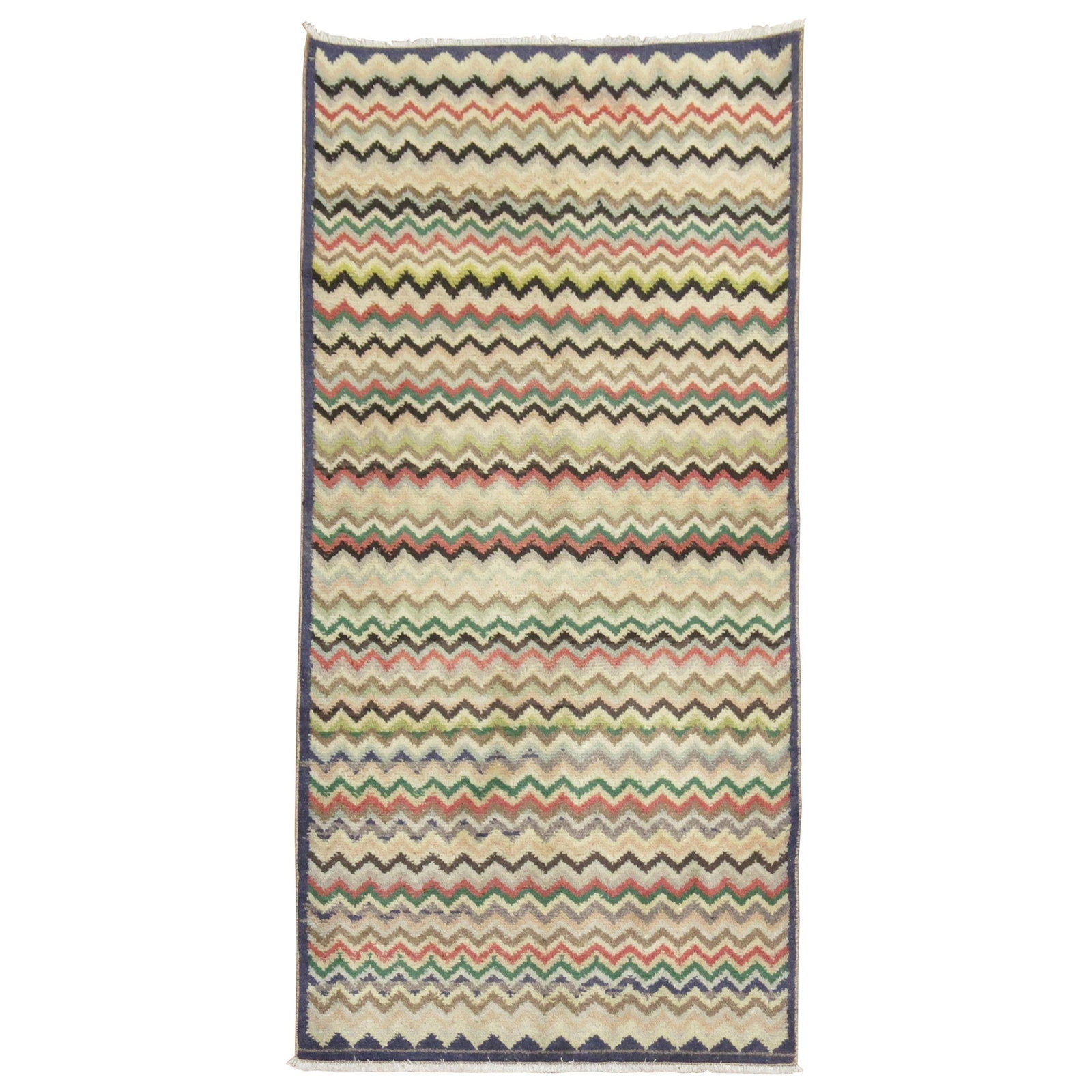 Mid Century Turkish Wool Hand Woven Art Deco Rug 30 x 62 in: Mid Century Turkish Wool Hand Woven Art Deco Rug 30 x 62 in This vintage Turkish rug from the mid-20th century features a wavy design inspired by the art deco movement. Expertly hand-woven from wool, 