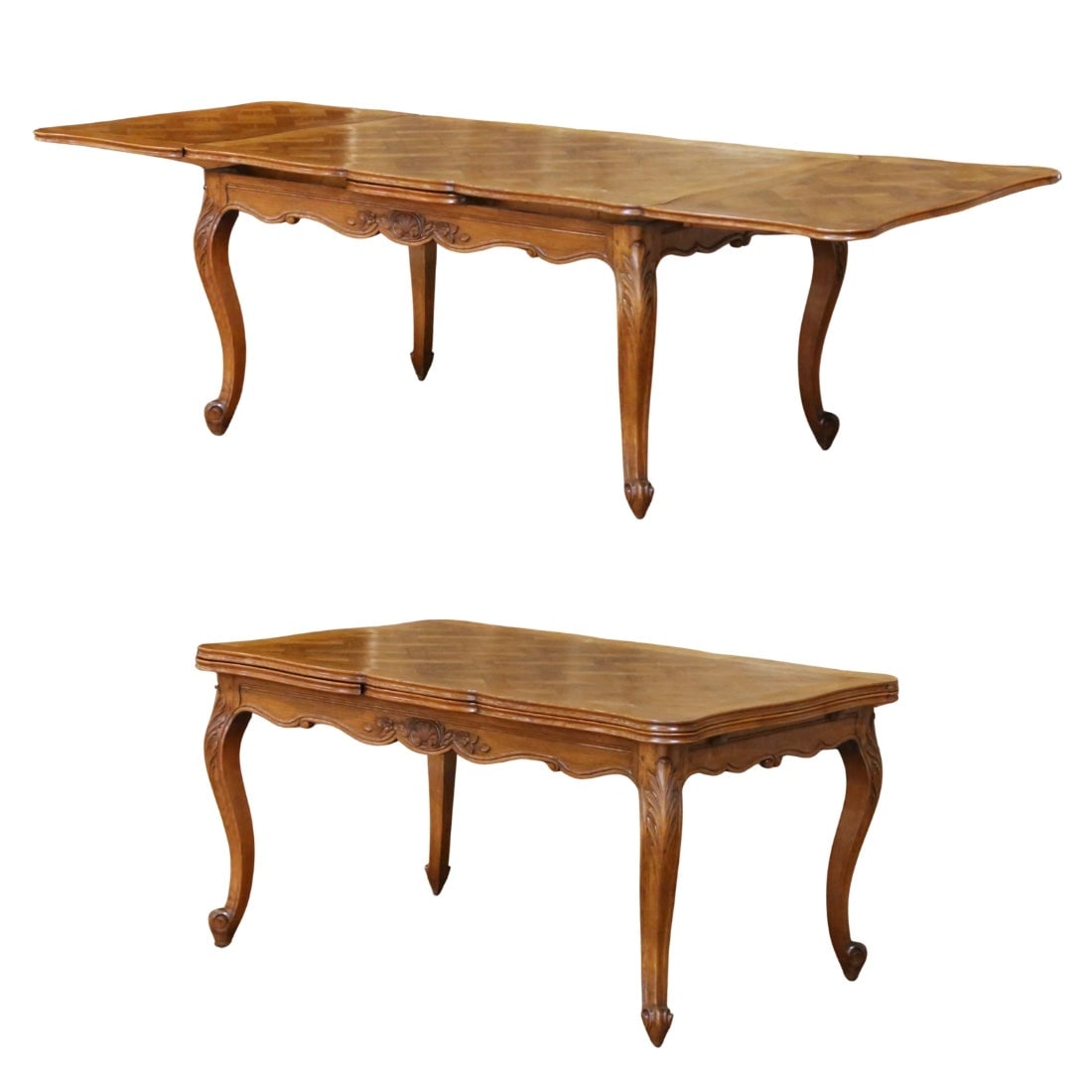 French Louis XV Oak Extension Dining Table with 2 Leaves 59 W: French Louis XV Oak Extension Dining Table with 2 Leaves 59 W This late 20th century French dining table is crafted in the Louis XV style from oak and features a parquetry top, hand-carved details, an