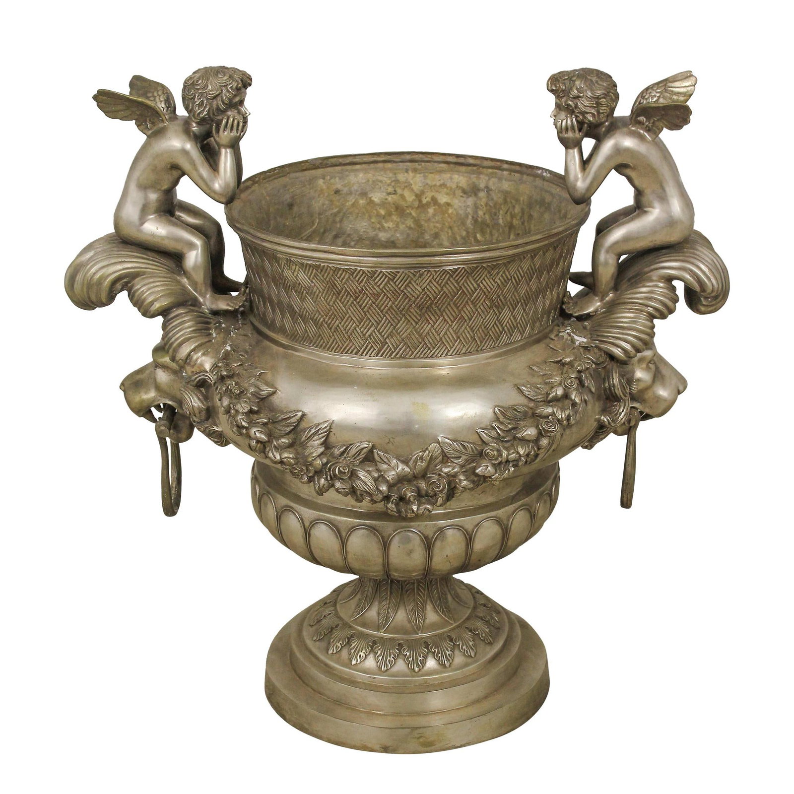 Impressive Neoclassical Bronze Urn with Silver Finish and Cherubs: Impressive Neoclassical Bronze Urn with Silver Finish and Cherubs This stunning Neoclassical garden urn boasts a large and impressive design, crafted from high-quality bronze with a silver finish. The