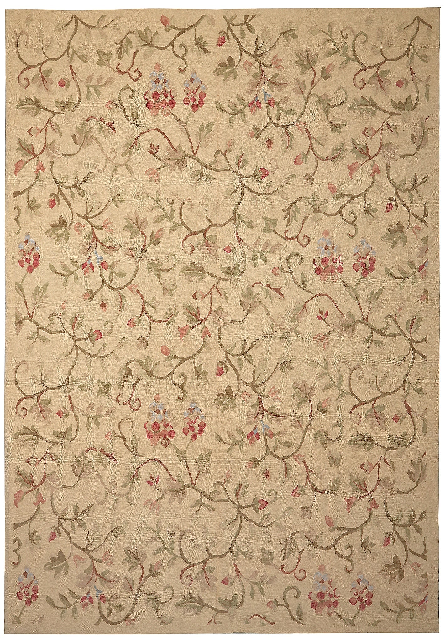Handmade French Country Aubusson Flat Weave Floral Rug 9 x 12.9: Handmade French Country Aubusson Flat Weave Floral Rug 9 x 12.9 Free continental US Shipping This handmade flat weave rug features a French country floral design with a beige background and multicolor