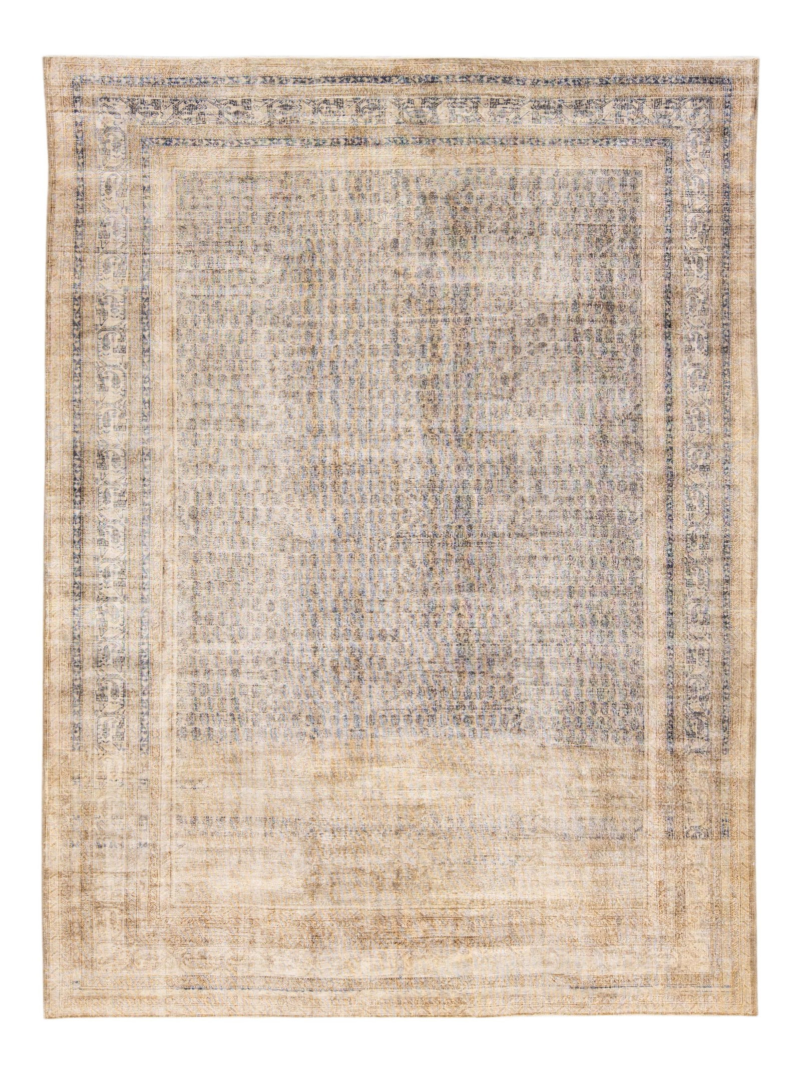 Antique Sivas Handmade Beige Wool Rug 11'7 x 16' with Blue Borders: Antique Sivas Handmade Beige Wool Rug 11'7 x 16' with Blue Borders This exquisite Antique Sivas handmade wool rug features a stunning beige field adorned with intricate palmettes patterns and elegant 