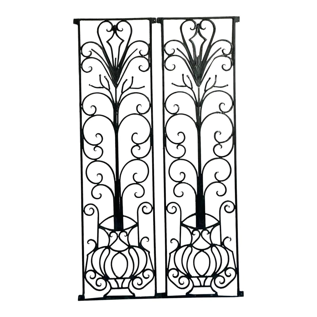 Pair of Vintage Art Deco Wrought Iron Panels Architectural Wall Art: Pair of Vintage Art Deco Wrought Iron Panels Architectural Wall Art This exquisite vintage Art Deco wrought iron panel showcases the dramatic elegance of a bygone era. Hand-forged from heavy wrought i