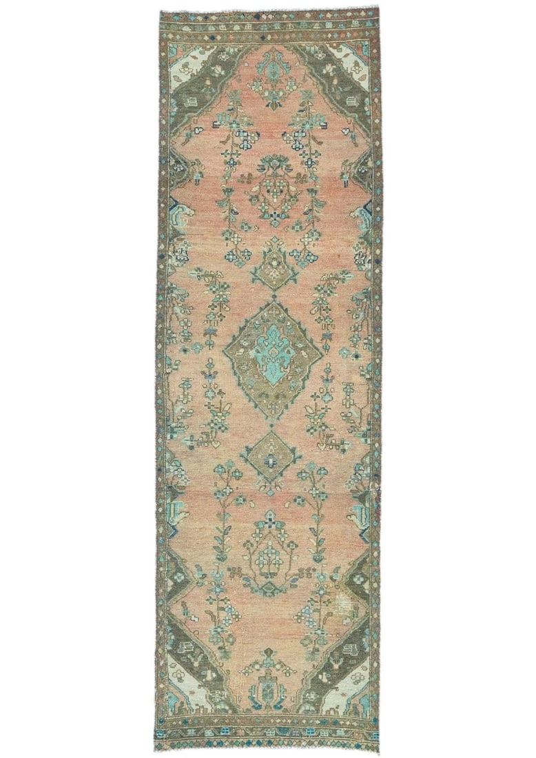 Hand Knotted Wool Tribal Floral Runner 2'11 x 9'5: Hand Knotted Wool Tribal Floral Runner 2'11 x 9'5 Enhance your space with this vintage distressed floral tribal oriental runner rug, perfect for hallways or kitchens. Measuring 2'11" x 9'5" (35" x 113
