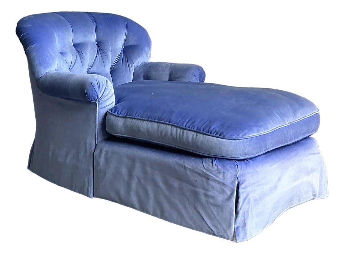 Hollywood Regency Periwinkle Velvet Chaise Lounge With Tufted Scroll Arm (1 of 5)