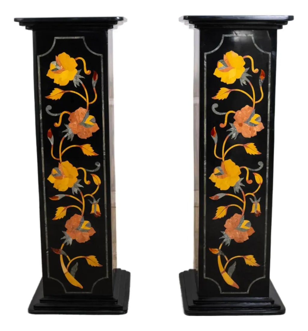 Monumental Italian Pietra Dura Inlaid Marble Pedestal Pair: Monumental Italian Pietra Dura Inlaid Marble Pedestal Pair This stunning pair of monumental Pietra Dura inlaid marble pedestals showcases exceptional Italian craftsmanship and vintage elegance. Approx