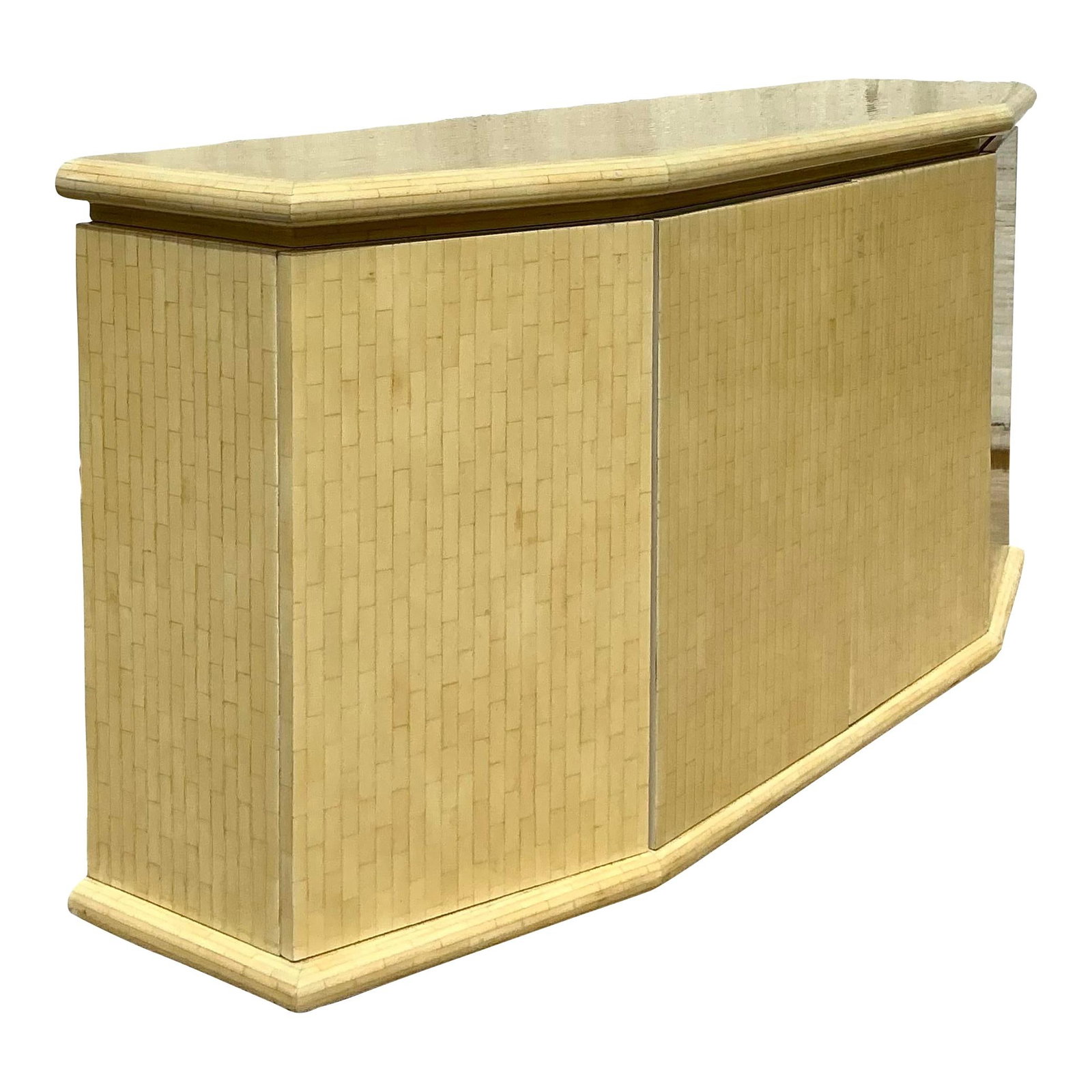 Vintage Boho Jimeco Tessellated Bone Credenza with Angled Design: Vintage Boho Jimeco Tessellated Bone Credenza with Angled Design Enhance your living space with this Vintage Boho Jimeco Tessellated Bone Angled Credenza. This stunning piece showcases intricate tesse