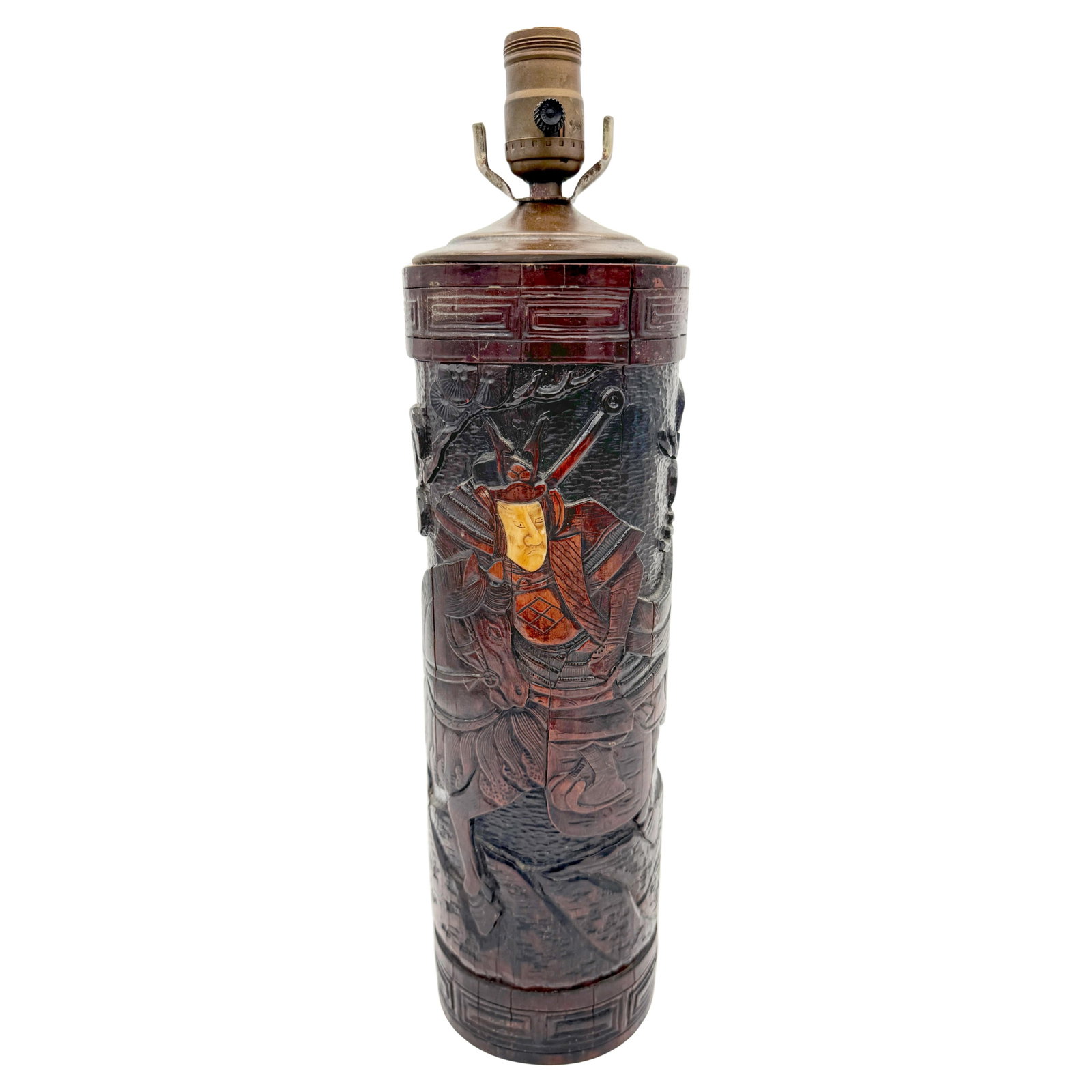 Meiji Era Bamboo Lamp with Bone Inlay Samurai Relief Japan c1900: Meiji Era Bamboo Lamp with Bone Inlay Samurai Relief Japan c1900 This antique Japanese lamp from the Meiji period (circa 1900) features a hand-carved bamboo base adorned with a detailed relief of a sa