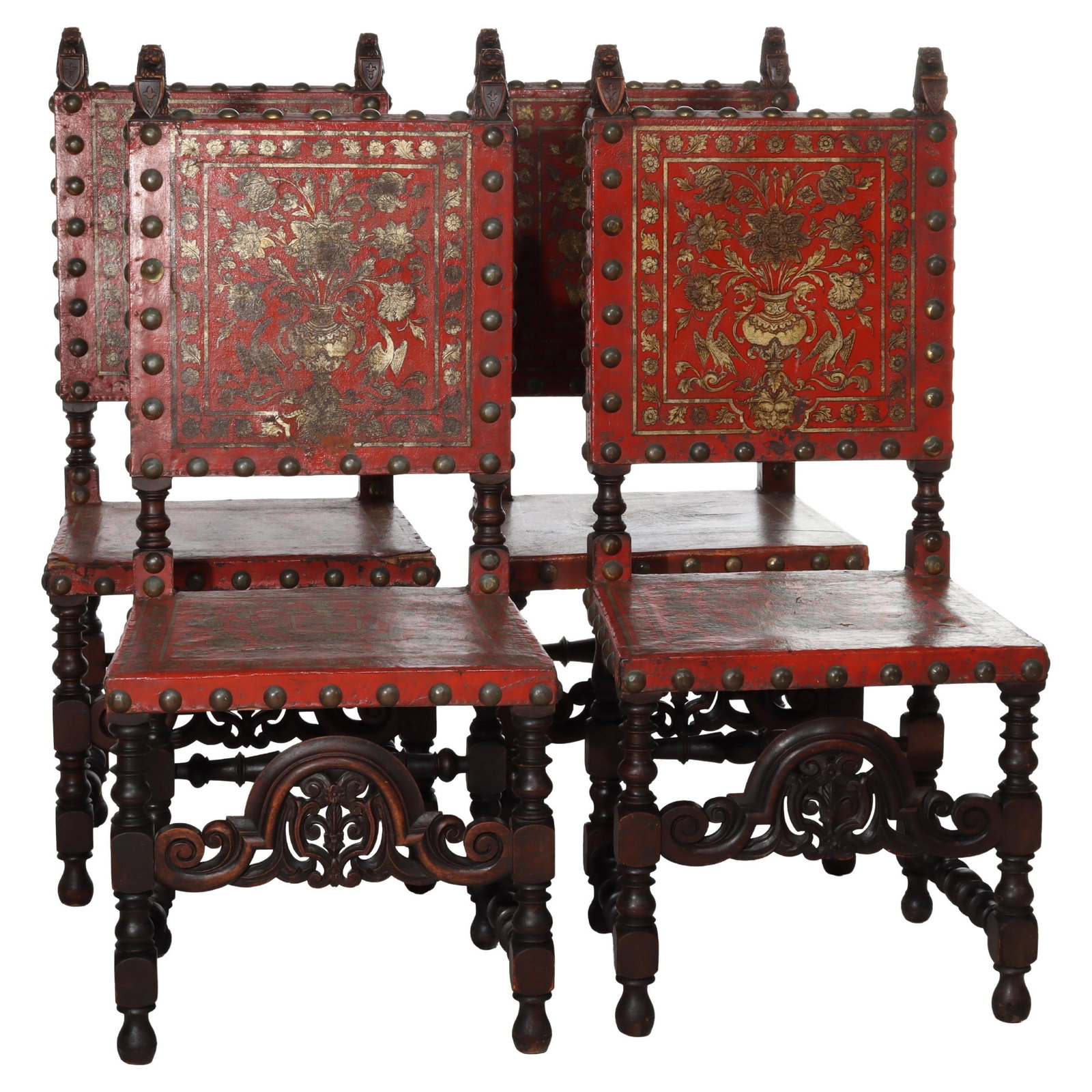 Set of 4 Edwardian Walnut Dining Chairs with Gilt Tooled Leather Backs (1 of 16)