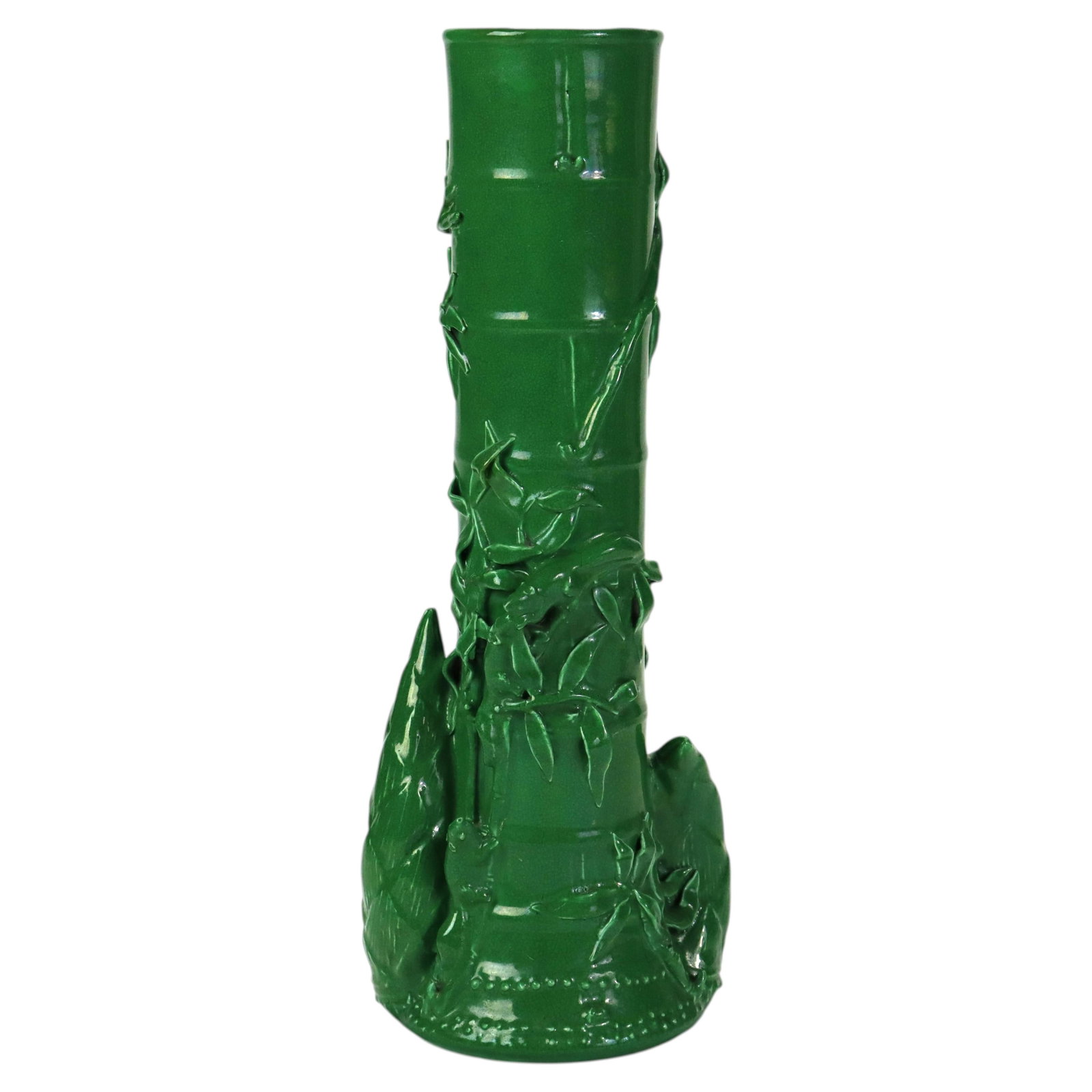 Chinese Pottery Vase with Jade Green Glaze Figural Foliate Motifs c1930 (1 of 7)