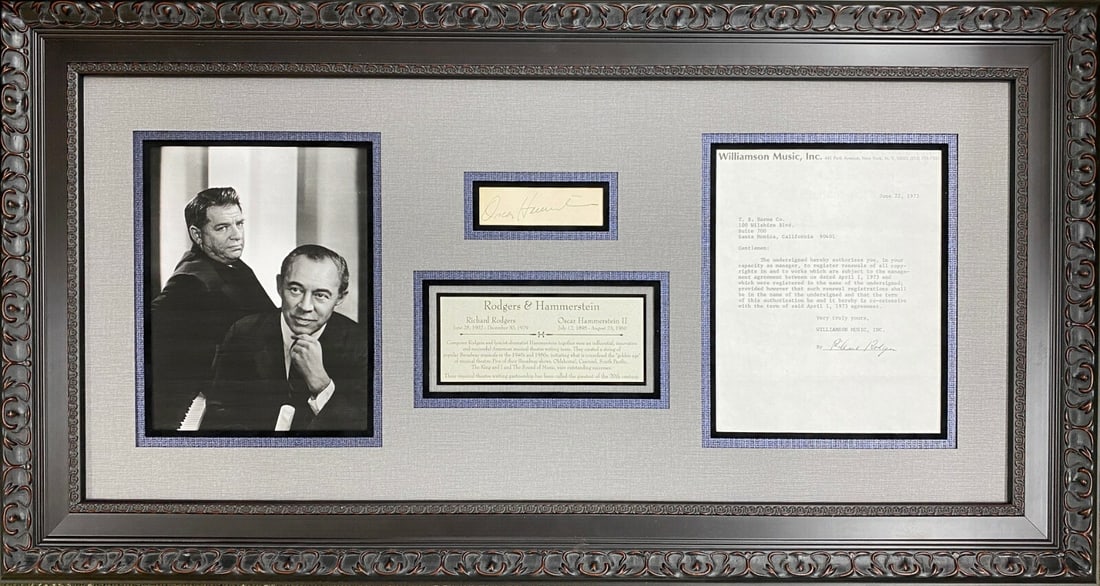 Rodgers & Hammerstein Signed Display JSA COA 20 x 36 Custom Frame: Rodgers & Hammerstein Signed Display JSA COA 20 x 36 Custom Frame This stunning custom-framed display features signed memorabilia from the legendary duo, Richard Rodgers and Oscar Hammerstein II, know