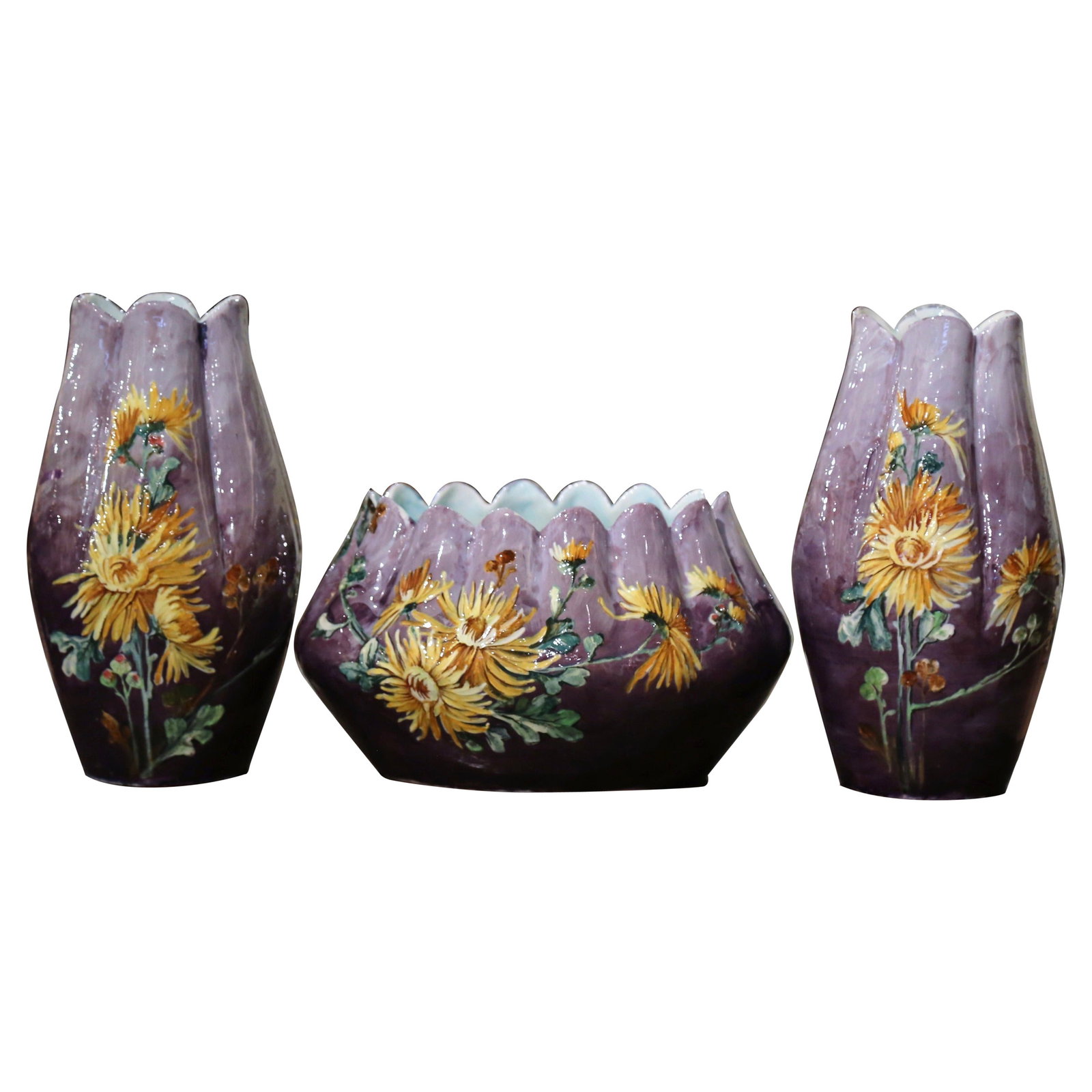 19th Century French Majolica Garniture Set by Pierre Perret: 19th Century French Majolica Garniture Set by Pierre Perret This exquisite antique majolica garniture, crafted in Vallauris, France circa 1890, features a stunning set of three pieces: a wide centerpi