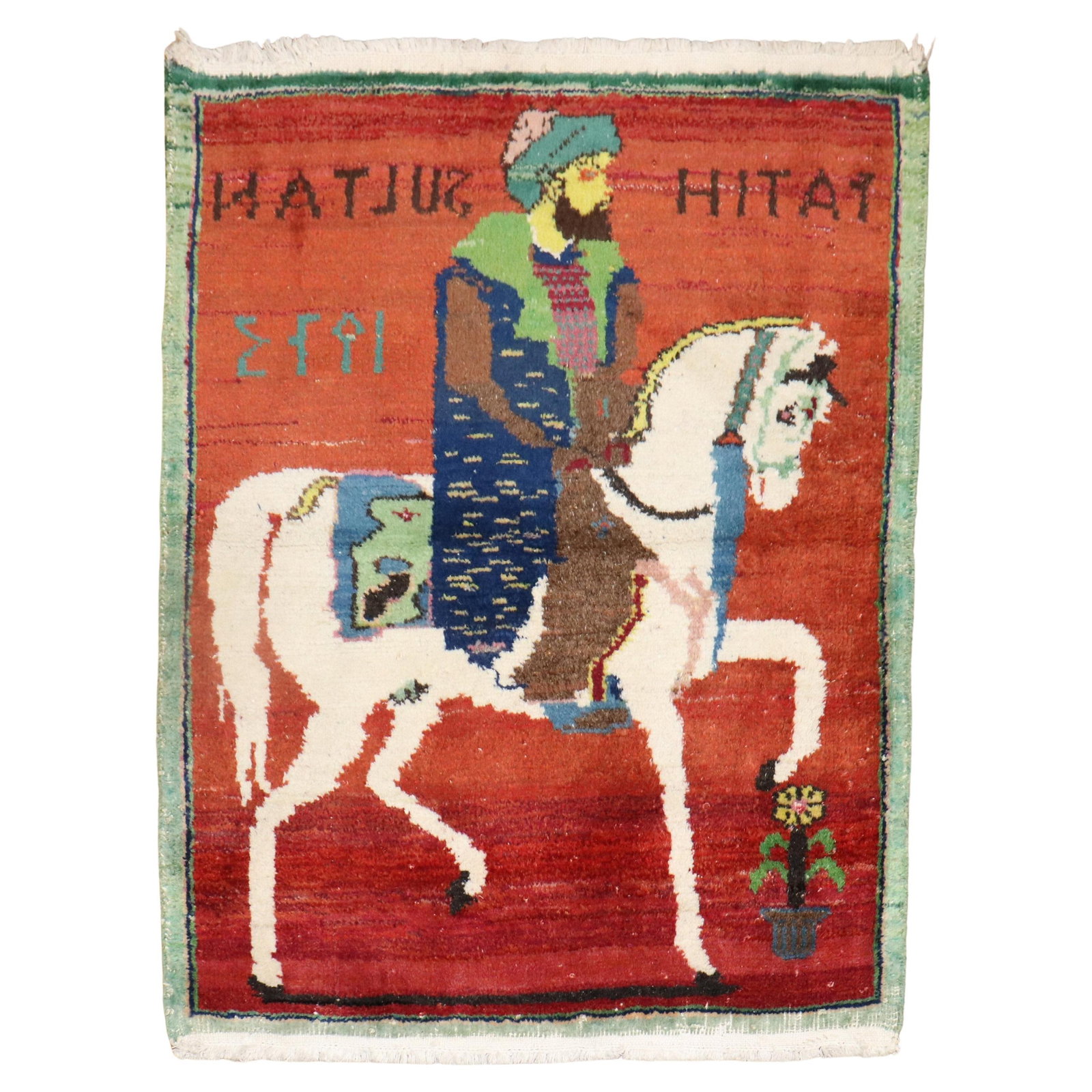 Vintage 1973 Turkish Dowry Rug Hand-Woven Folk Art Horse Design: Vintage 1973 Turkish Dowry Rug Hand-Woven Folk Art Horse Design This vintage Turkish pictorial rug, crafted in the mid-20th century, showcases a striking design featuring a bearded gentleman riding a 