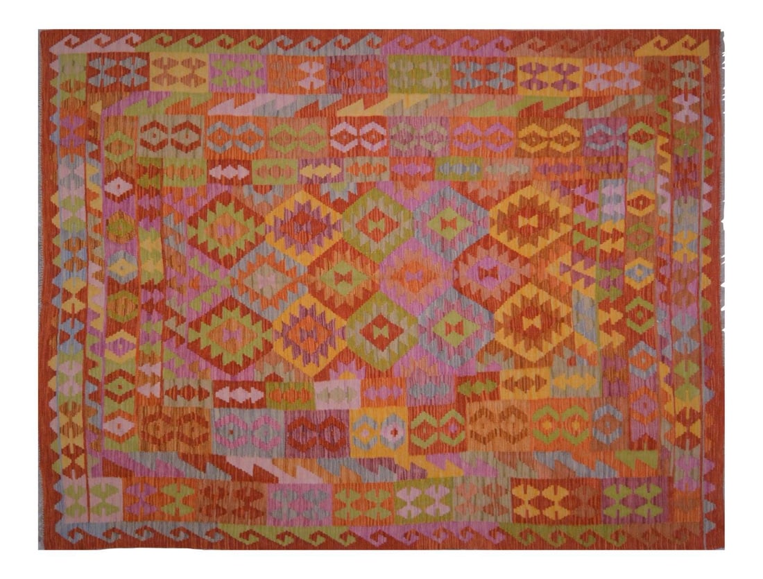 Hand Woven Wool Maimana Kilim Rug with Geometric Pattern 6'2" x 8'1" (1 of 4)