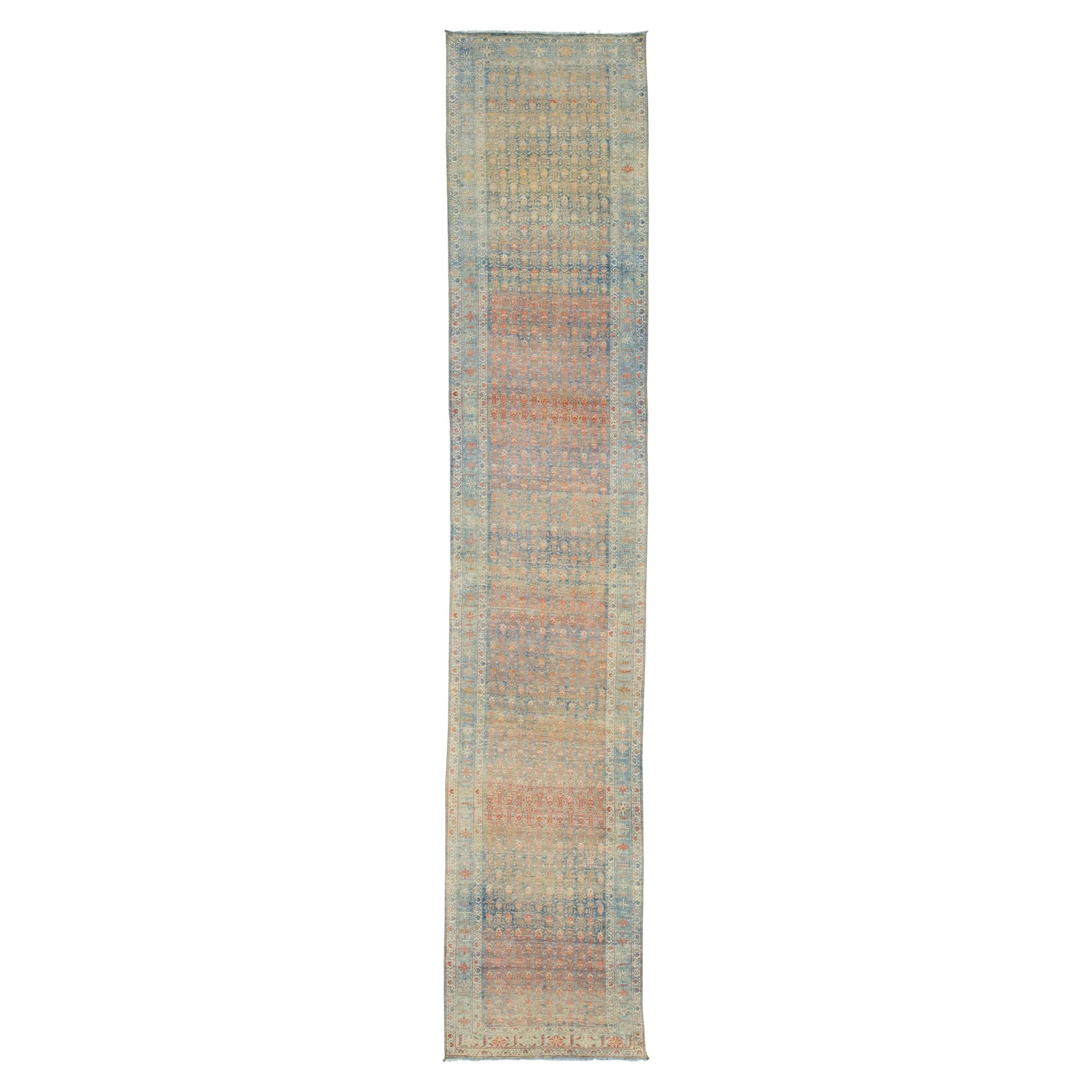 1920s Handmade Persian Malayer Blue Wool Runner 3'2 x 16'7: 1920s Handmade Persian Malayer Blue Wool Runner 3'2 x 16'7 This stunning handmade Persian Malayer rug from the 1920s showcases a captivating blue color with an allover design enhanced by brown, rose, 