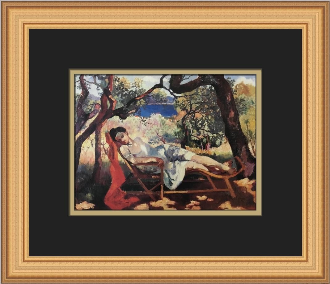 Custom Framed Open Edition Print The Rest by Henri Manquin: Custom Framed Open Edition Print The Rest by Henri Manquin This is an open edition offset lithograph print titled "The Rest" by Henri Manquin. The artwork is custom framed in a 1" gold frame with doub
