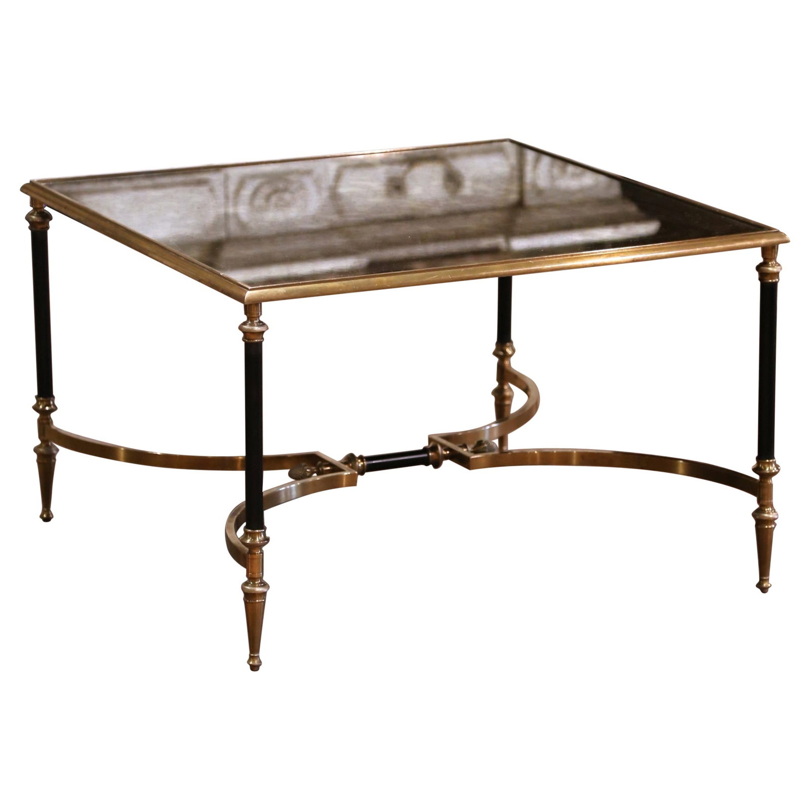 French Directoire Style Bronze and Steel Coffee Table with Mirrored Top circa 1950: French Directoire Style Bronze and Steel Coffee Table with Mirrored Top circa 1950 This mid-century French coffee table, attributed to Maison Jansen and crafted circa 1950, features a square mirrored 