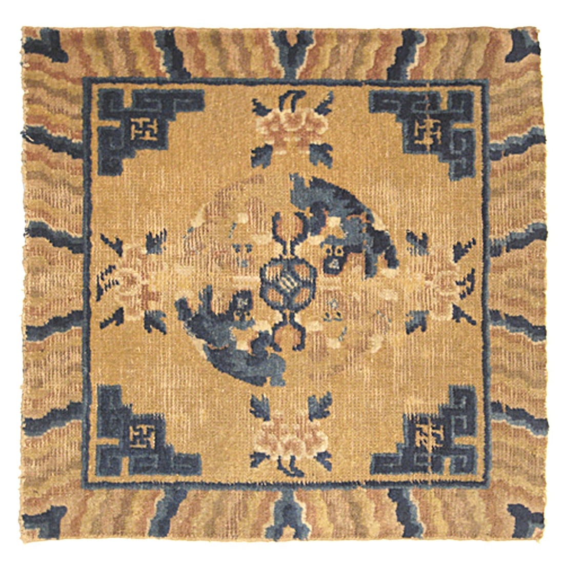 Antique Ninghshia Wool Rug with Guardian Lions 2'1 x 2'2: Antique Ninghshia Wool Rug with Guardian Lions 2'1 x 2'2 This is an original 18th-century Chinese Ninghshia area rug, featuring a distinctive Art Deco design with guardian lions, also known as "Foo Do