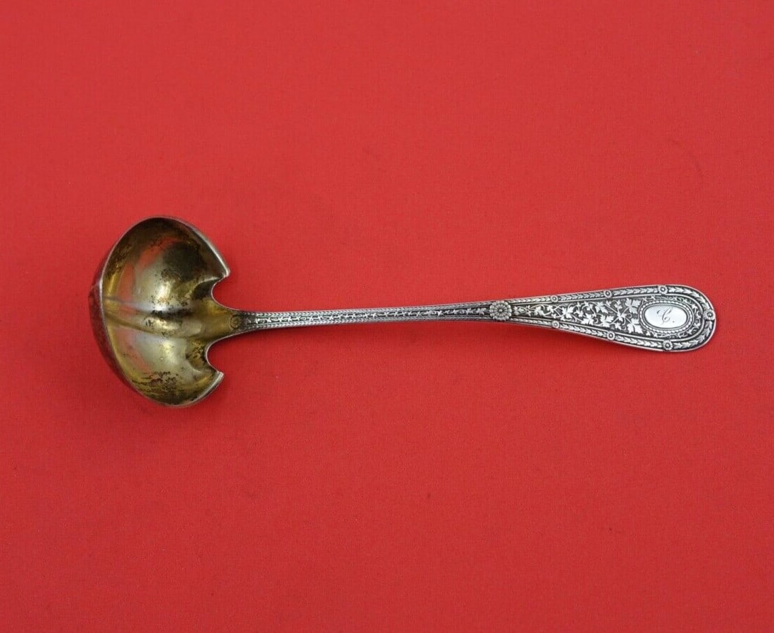 Whiting Sterling Silver Laureate Sauce Ladle 5.5" Gold Wash: Whiting Sterling Silver Laureate Sauce Ladle 5.5" Gold Wash This exquisite sauce ladle from the Laureate pattern by Whiting showcases a beautiful gold wash and features a pointed bowl, measuring 5 1/2